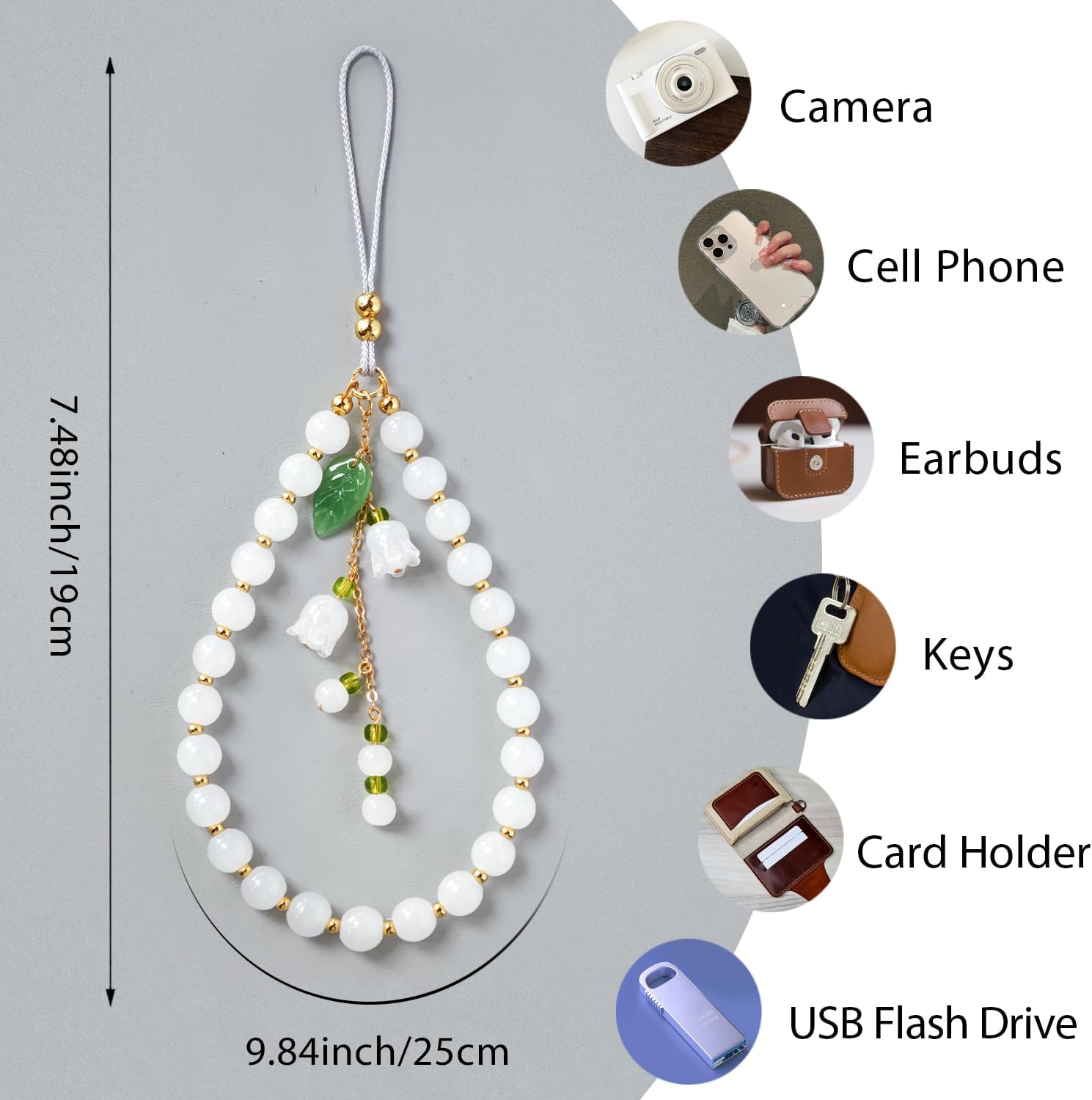 Lily of the Valley Phone Charm，Hands-Free Cellphone Wrist Strap，Handmade Cute Accessories for Women Girls，Beaded Chain for Camera Keys AirPods Bag