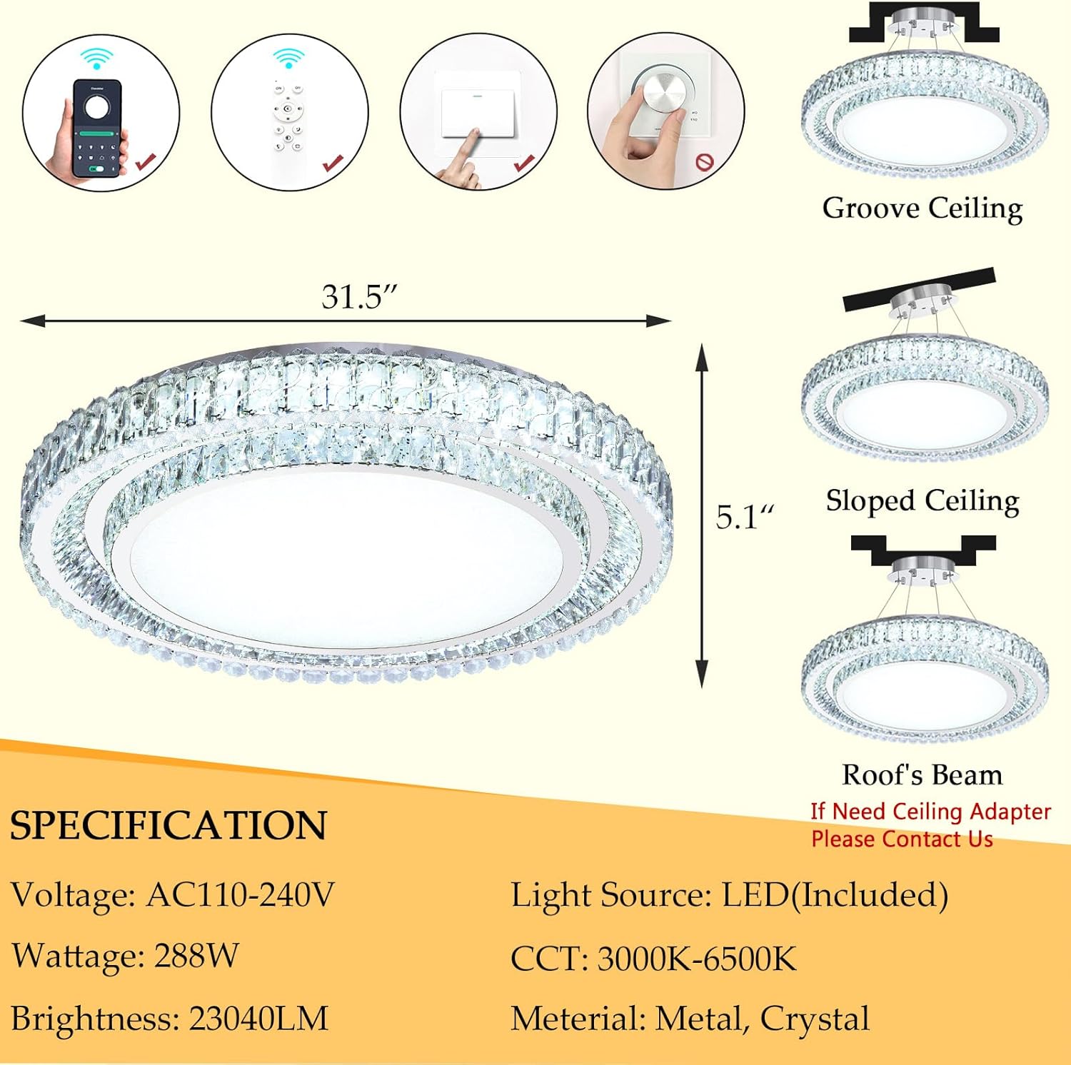 31.4'' Dimmable Crystal Chandelier Modern LED Flush Mount Ceiling Light Fixtures for Living Room Bedroom Hallway Kitchen Island Staircase Silver