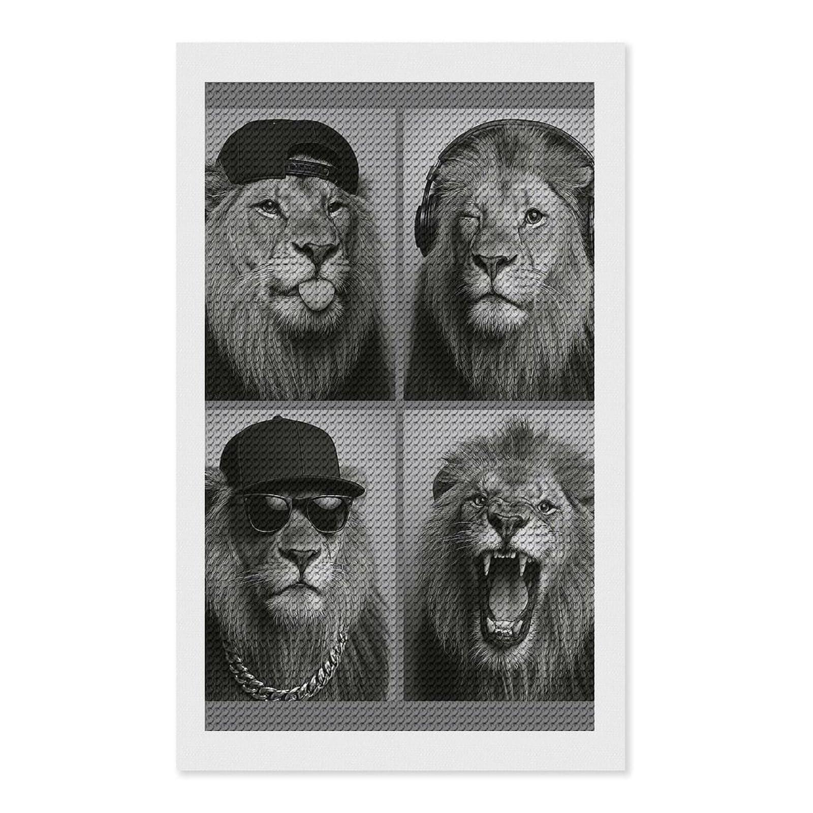 Junmoney Monochrome Lions with Accessories Collage Diamond Painting Set 12"x20", Sparkling Round Gems, Decorate Your Room, Fun Craft Experience, Modern Decor