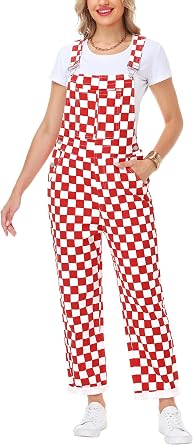 Womens Checkered Bibs Overalls Cotton Denim Coveralls Stretch Jeans Jumpsuit