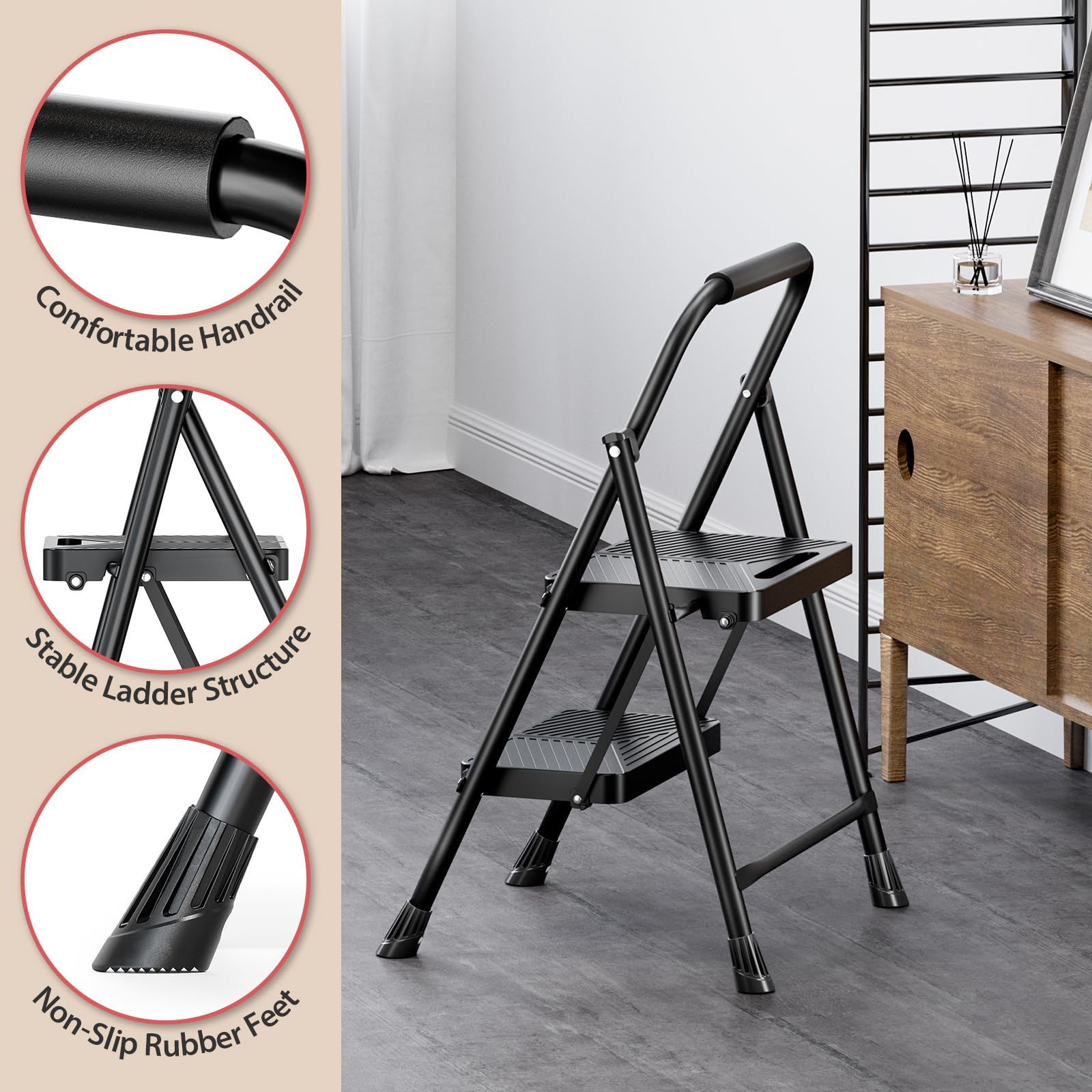 KINGRACK Escalera de 2 escalones, taburete plegable con diseño de bloqueo seguro, escalera de acero resistente de 500 libras con pedal antideslizante ancho, pasamanos conveniente para el hogar y la
