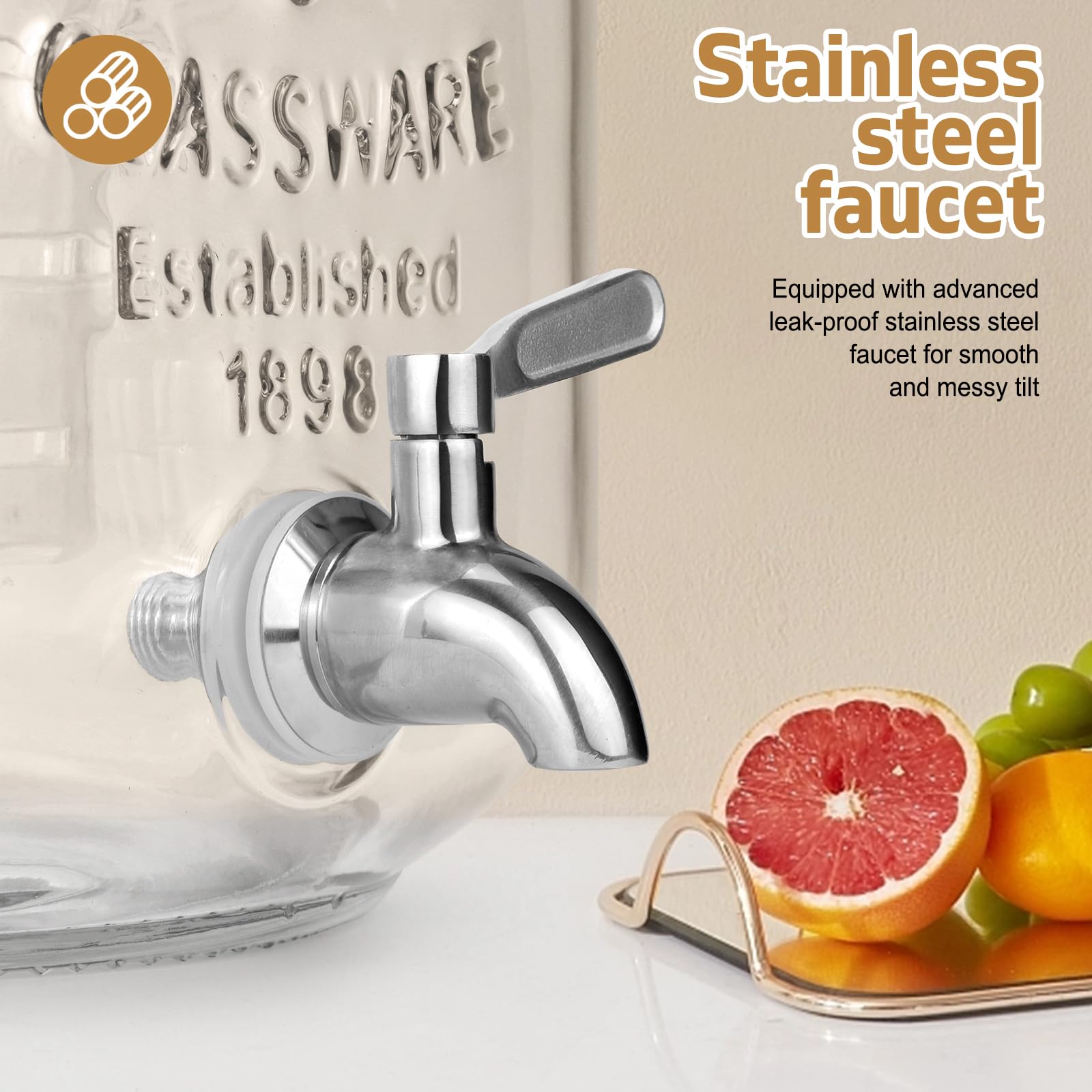 DD&HAPP Getränkespender aus Glas für Partys, 2 Stück, 4,8 l Getränkespender, Glas-Getränkespender mit Ständer und Edelstahl-Zapfhahn, 100 % auslaufsicher. Limonadenspender mit Eiszylinder.