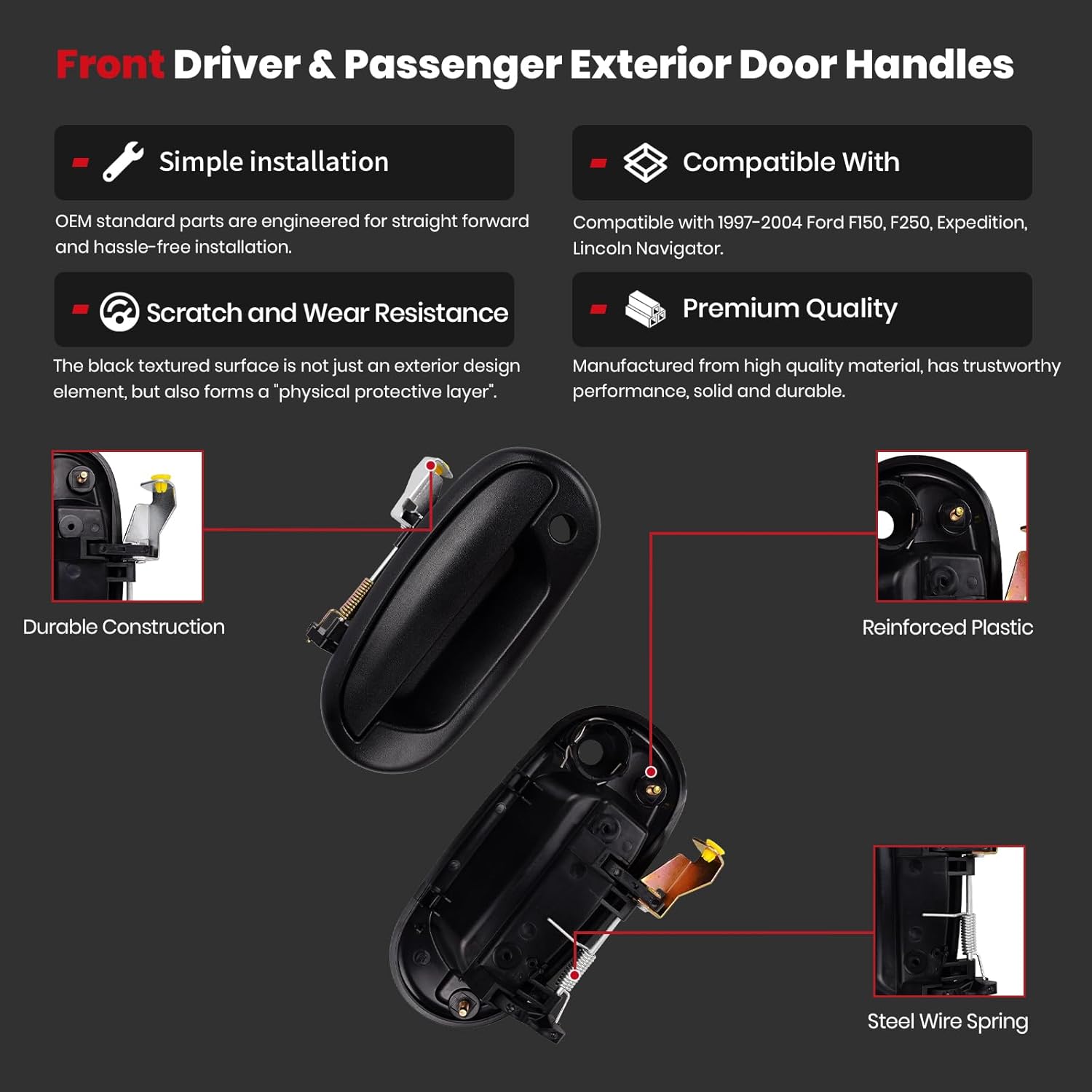 Door Handle fits for 1997-2004 Ford F150 F250 & Lincoln Navigator Exterior Door Handle w/Keyhole Replaces#77136 77137 FO1310119 FO1311119 - Front Left+Front Right