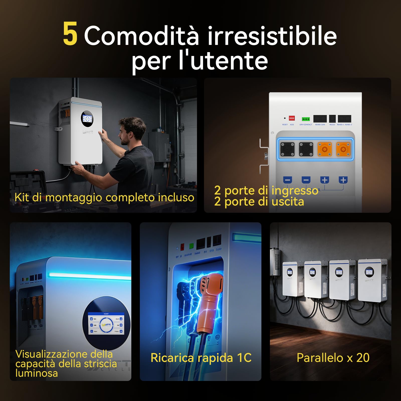 WattCycle Batteria LiFePO4 48V 100Ah 5,12kWh, Batteria al Litio per Accumulo Fotovoltaico Domestico con BMS Intelligente 100A, Celle Grade A EV, Bluetooth per Sistemi Off-Grid e Backup Energia