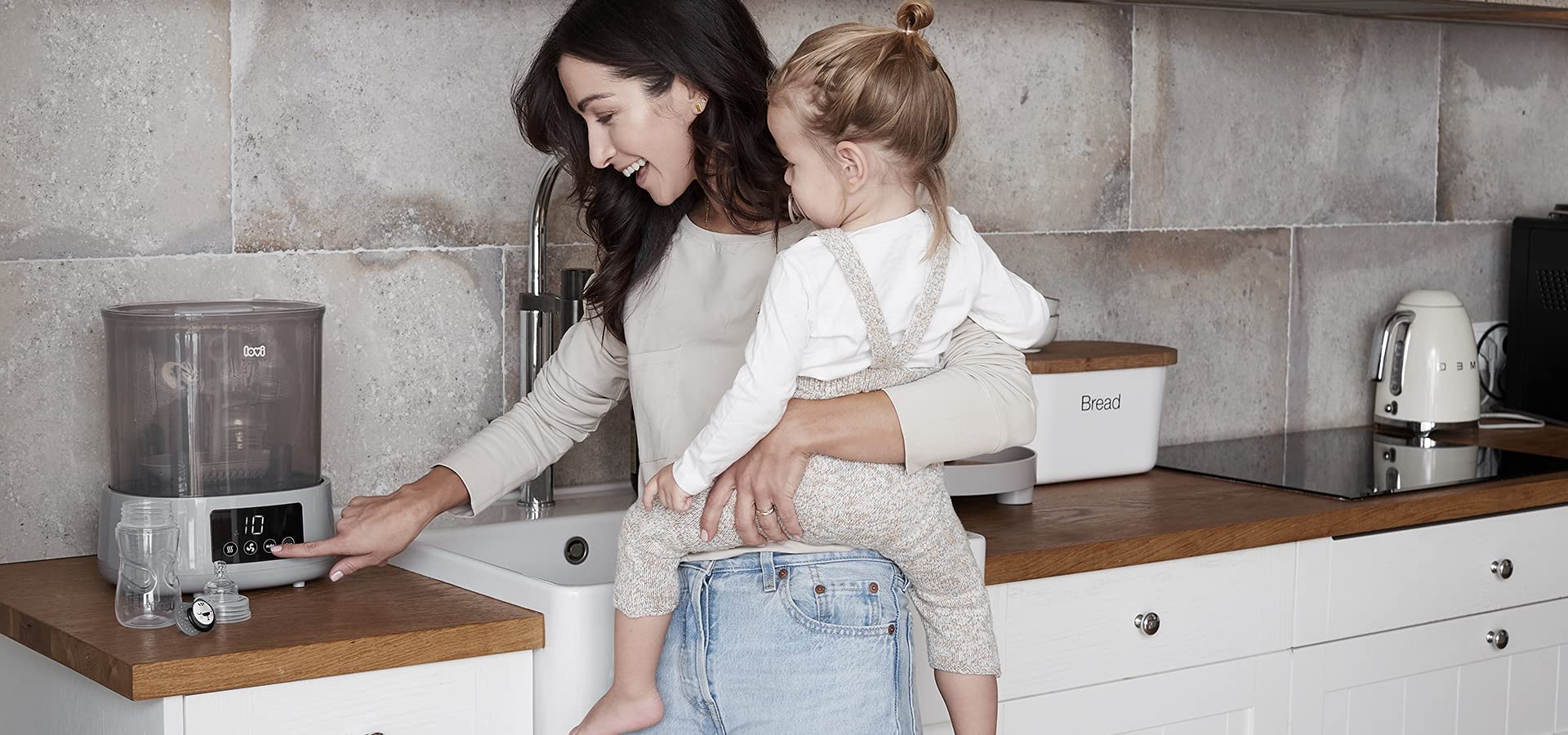 LOVI Baby Elektryczny sterylizator parowy i suszarka parowa, jednostopniowy sterylizator do butelek, sterylizator parowy, uniwersalny rozmiar i maksymalna pojemność, szary
