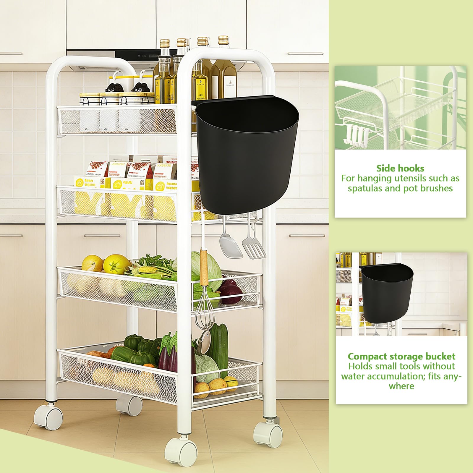 Rollende opbergkar met vergrendelbare wielen 3 5 niveaus keukenorganizer voor thuiskantoor, keuken, badkamer, zwart (15 x 40 x 91 cm