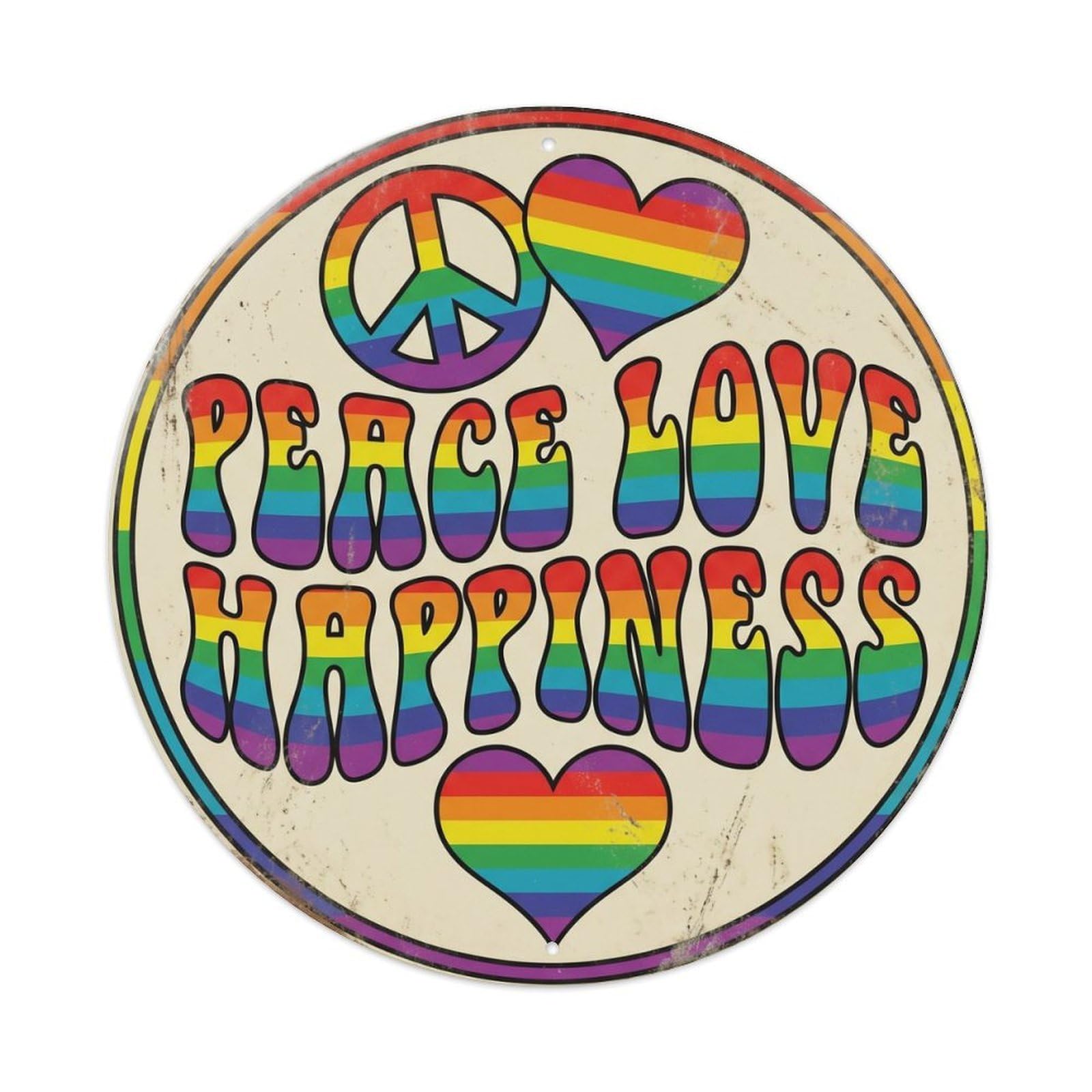 Peace Love Happiness Vintage Garage Ornament Retro Slogans Metal Tin Sign Plaque Wall Decor for Cafe, Club Bar, Office, Home Garden Round Metal Poster 8x8Inch