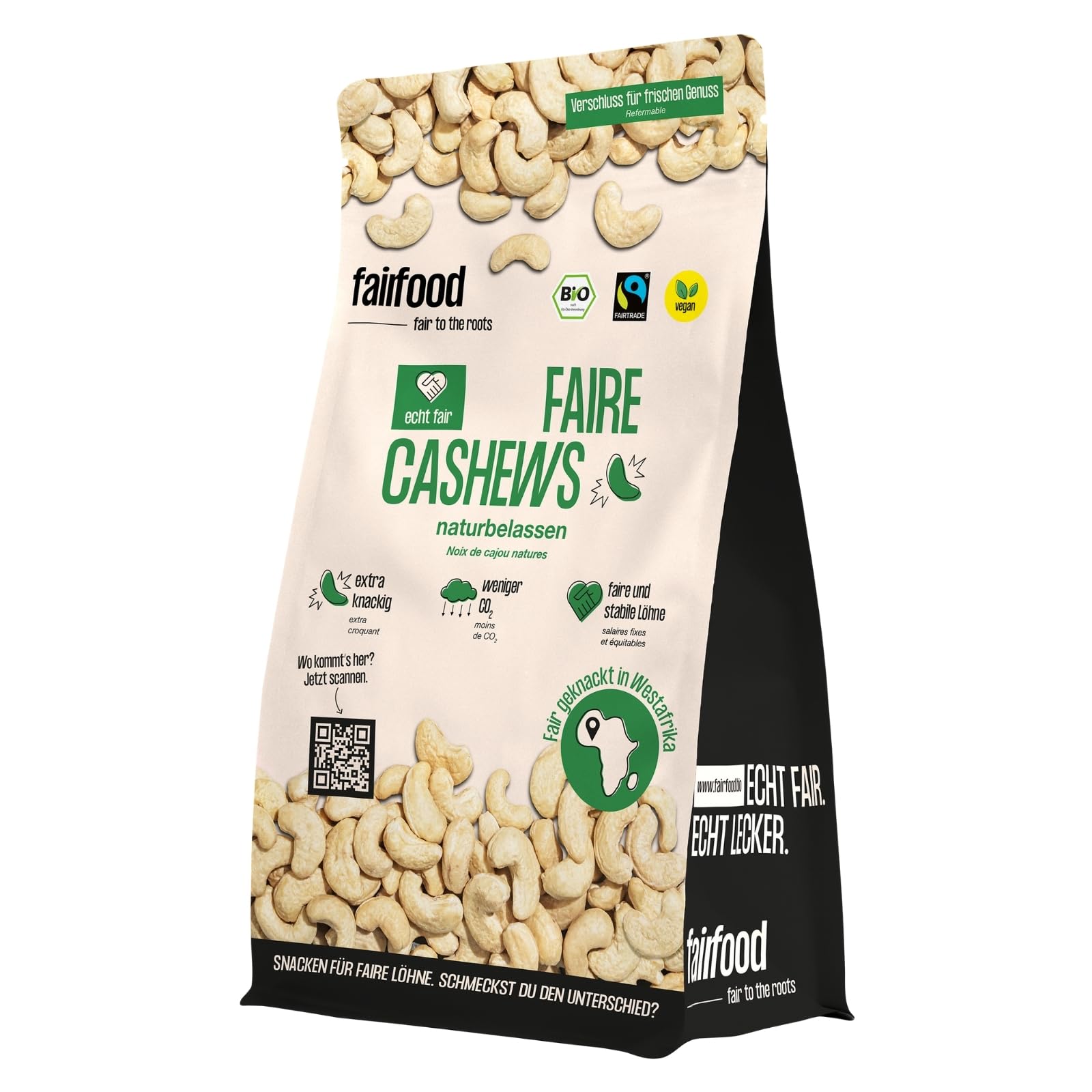 fairfood Bio Cashewkerne naturbelassen 600 g - Ganze Cashewnüsse - Fairtrade & Unbehandelt - Proteinreicher Snack - aus kontrolliert biologischer Landwirtschaft