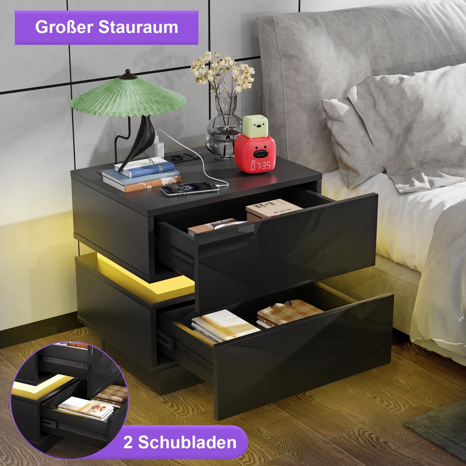 Nachttisch mit Steckdose, 2 AC Steckdosen, 2 USB-Anschlüsse, Nachtschrank 16 Farblicht, Beistelltisch mit Verstellbarer LED-Beleuchtung, 2 Schublade Hochglanz, Modern 45x35x46cm
