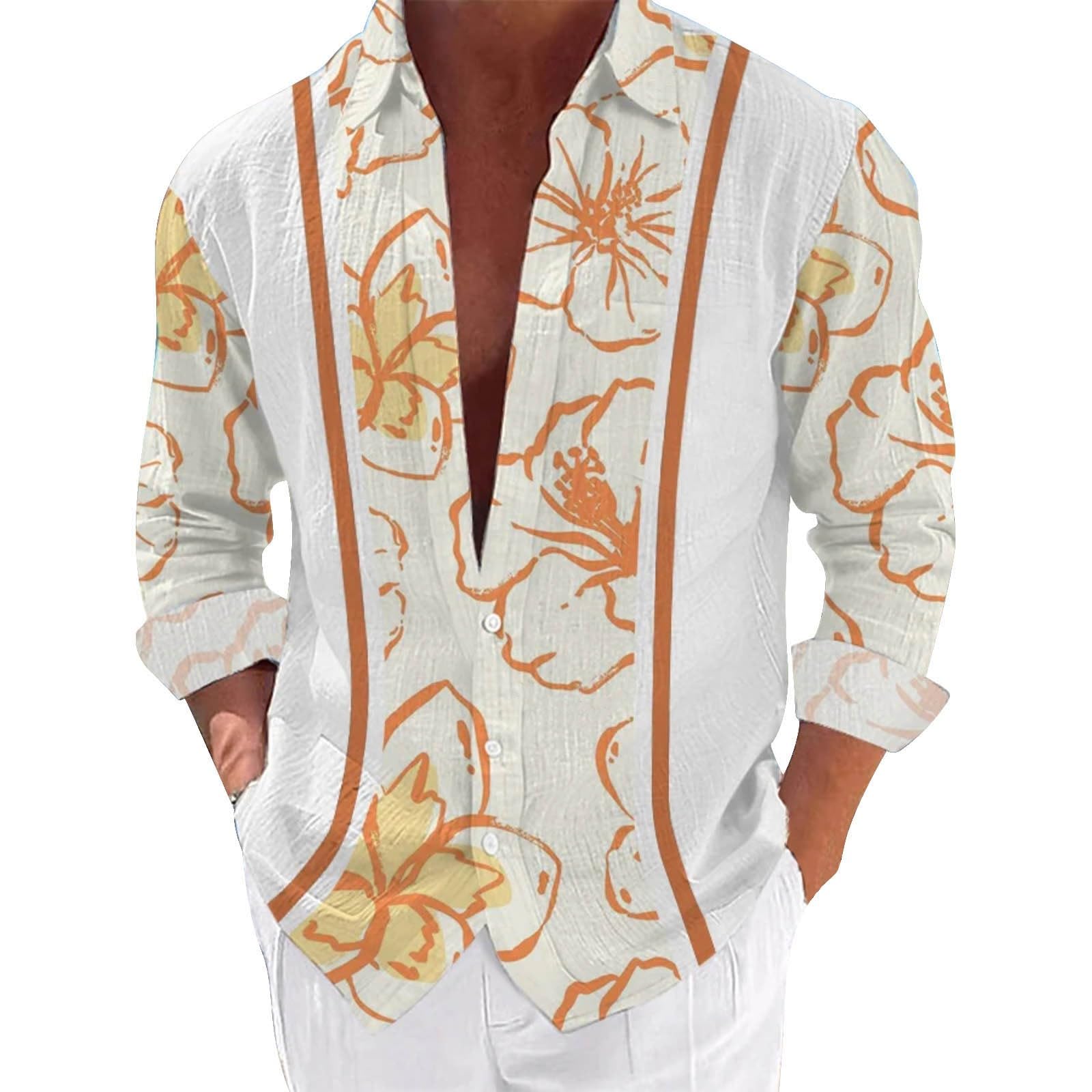 Mens Hawaiian Shirts Long Sleeve Funny Graphic Print Shirt Tropical Holiday Beach Shirts Summer Vacation Beach Shirts Regular Fit Button Down Long Sleeve Shirt Funky Hawaiian Fancy Dress