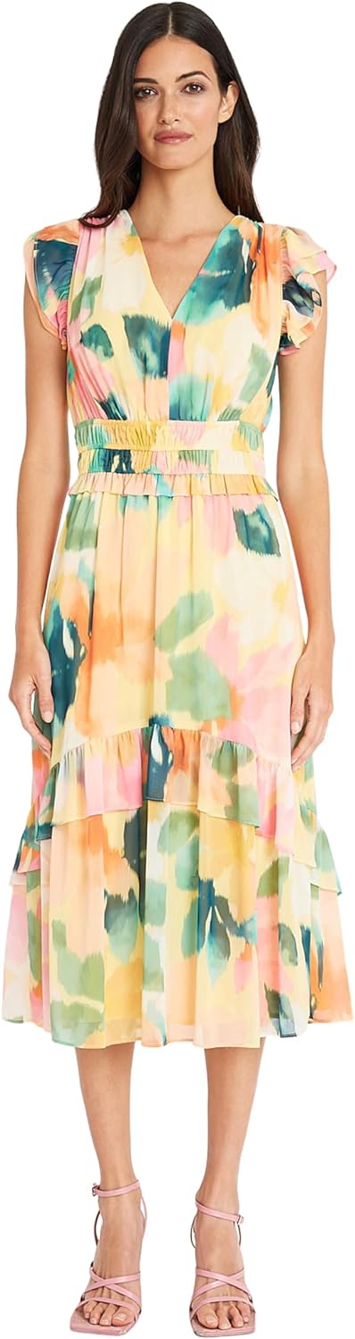 Maggy London Womens V-Neck Midi Dress with Ruffle Details | Wedding Guest Dresses for Women