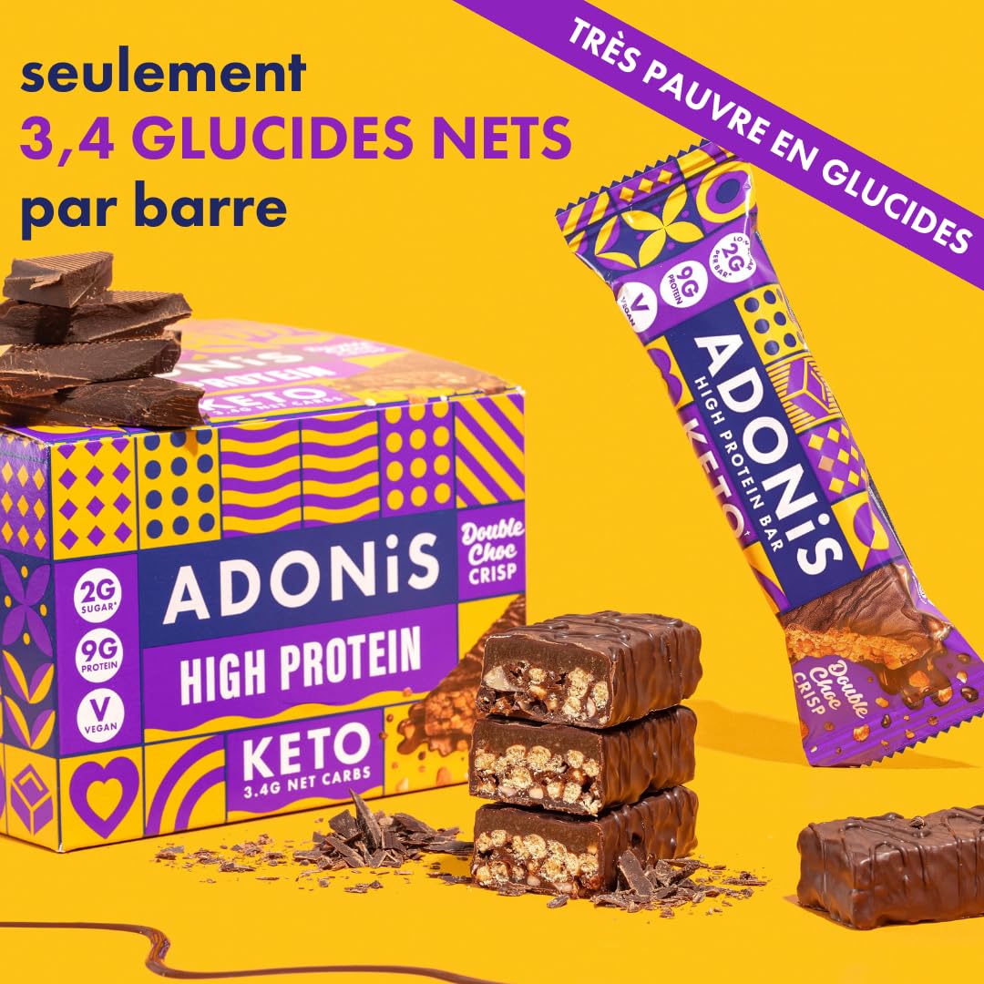 Barres Adonis Keto Riches en Protéines aux Noisettes Croquantes et Chocolat (16 Barres de 45g) | Végétalien et Keto l 100% Naturel (Double Chocolat)