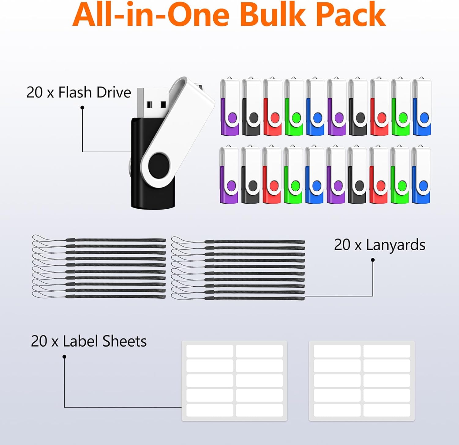 AreTop Bulk Flash Drives 128MB 20 Pack, Bulk USB 2.0 Flash Drives Thumb Drive Swivel Memory Stick Jump Drive Pen Drive with Lanyard (Mixed Colors 20pcs)