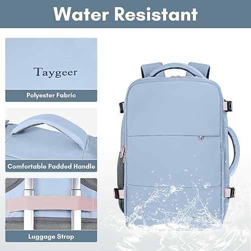 Vista 87 de Taygeer Mochila de mano para mujer, mochila de viaje de 35 litros para mujer, aprobada por aerolíneas, bonita bolsa de viaje para artículos Azul