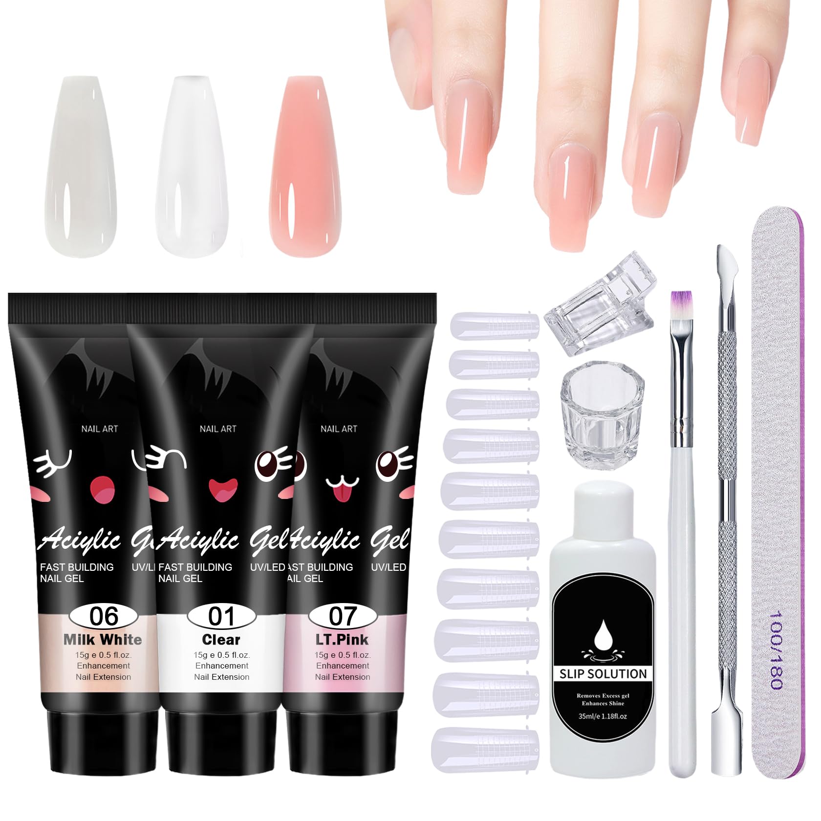 QIUFSSE Poly Nail Gel Kit,10PCS Poly gel Nail Kit Starter Kit,Clear White Pink Builder Nail Gel,Kit De Poly gel Para Uñas Completo,with Slip Solution