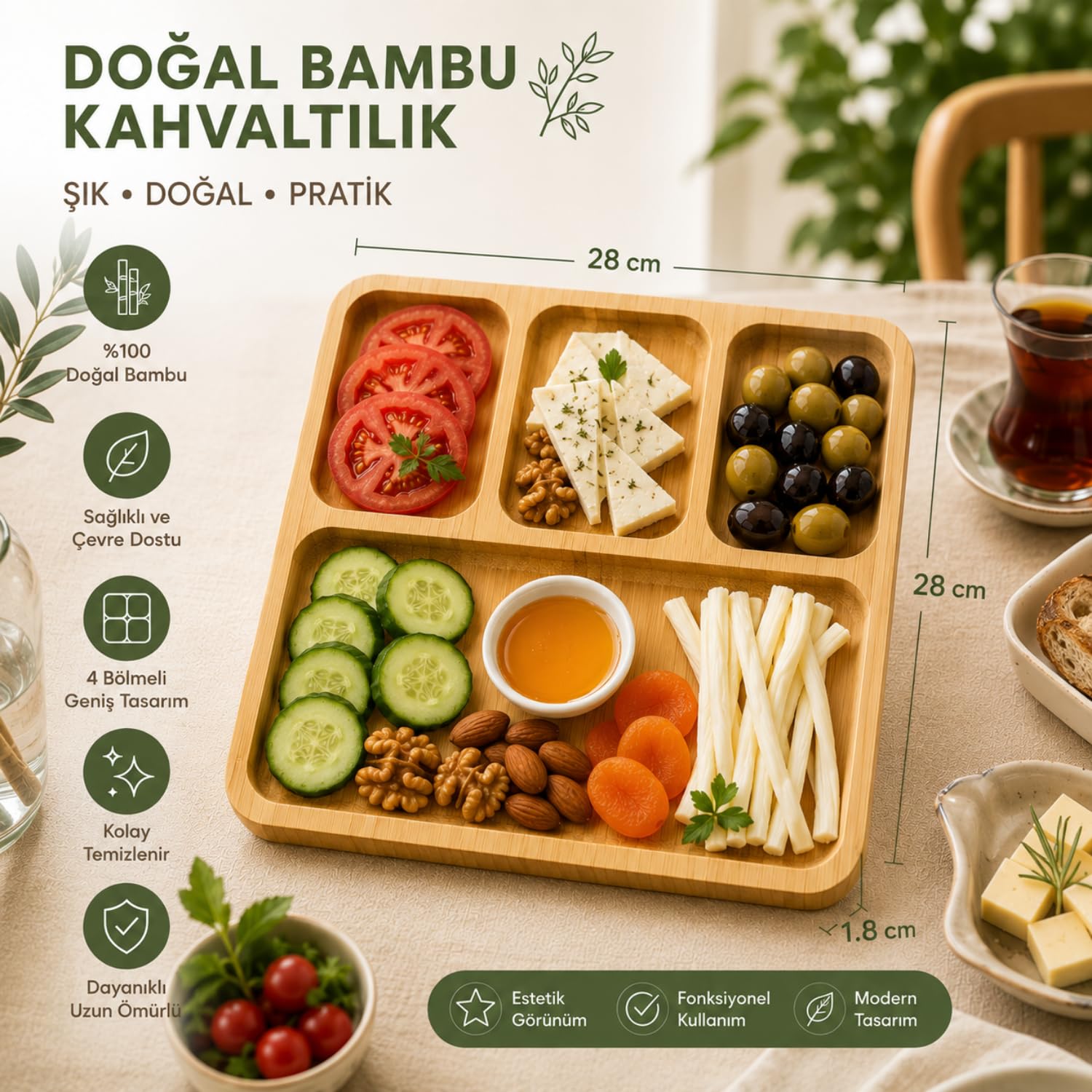 Bambu Kahvaltılık Sunum Tepsisi, Bölmeli Ahşap Servis Tabağı Doğal Bambu Kahvaltı ve Çerez Sunumluk (Kare)