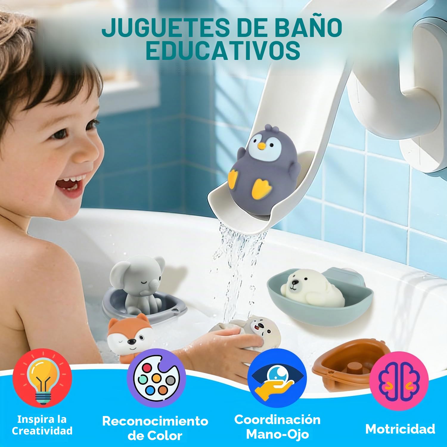 Juguetes Baño Bebe, Juguetes Bañera con Tobogán, Engranajes, Barcos Apilables y Bolsa de Almacenamiento, Juguetes para Baño Juegos de Agua Juguetes Educativos Regalos para Niños Niñas 1 2 3 4 Años