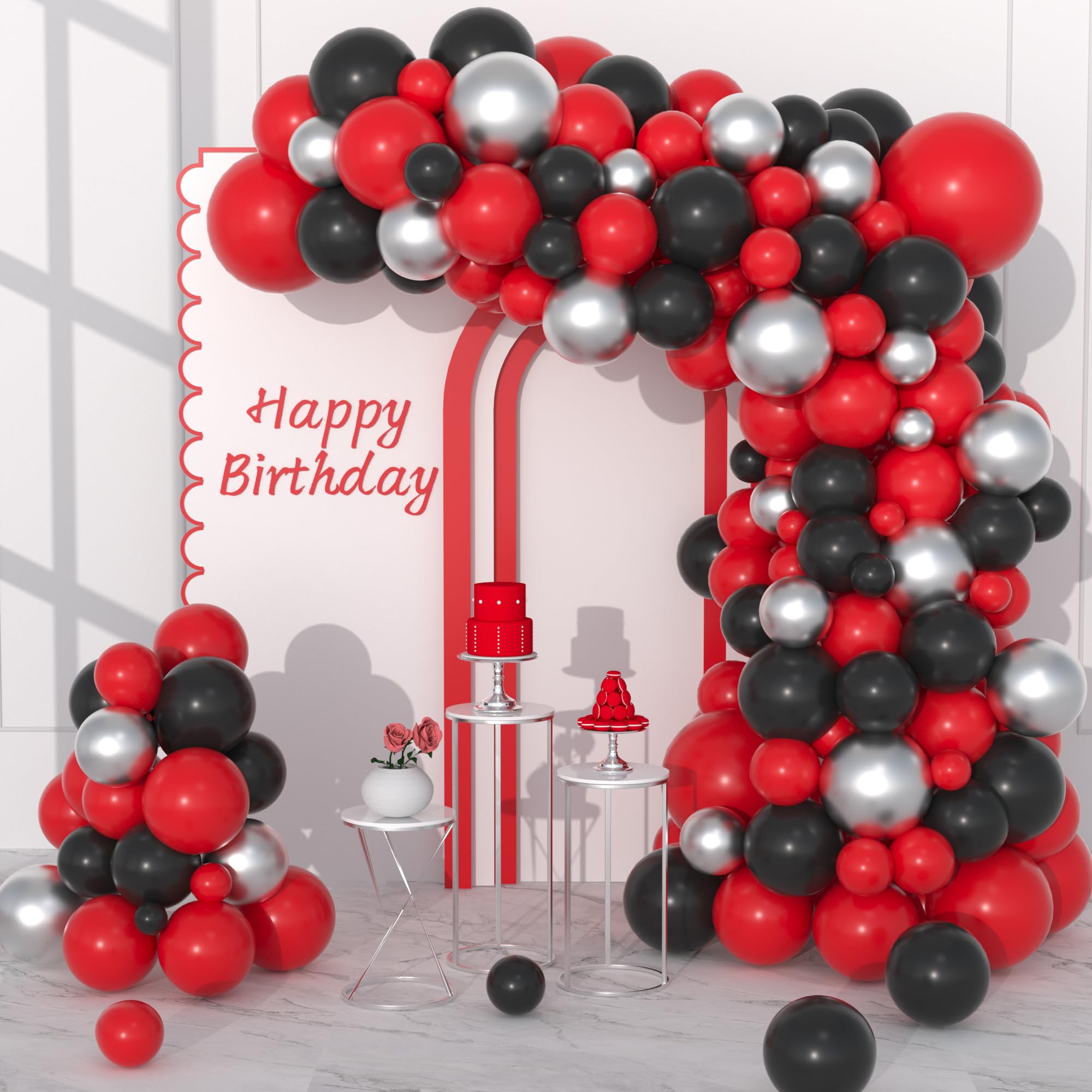 Red Black and Silver Balloon Garland Arch Kit, 127PCS Red Black Metallic Silver Balloons for Birthday Wedding Graduation Engagement Baby Bridal Shower