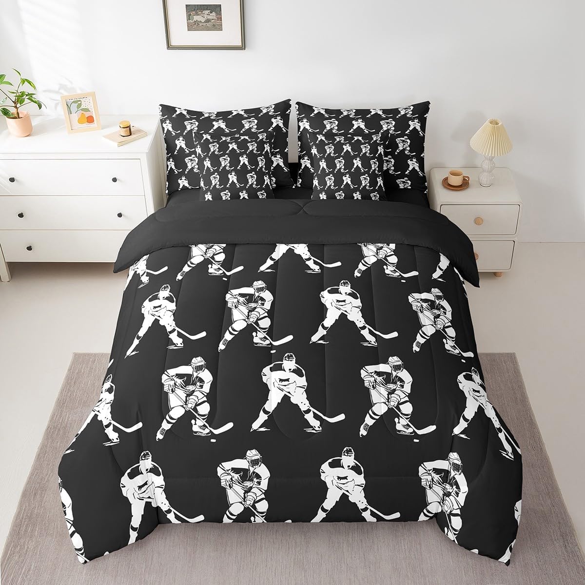 Erosebridal 7Pcs Hockey Player Comforter Set for Kids Boys Teens Hockey Sports Event Bedding Set Queen Winter Ball Games Bed in a Bag White and Black Sheet Set with Comforter