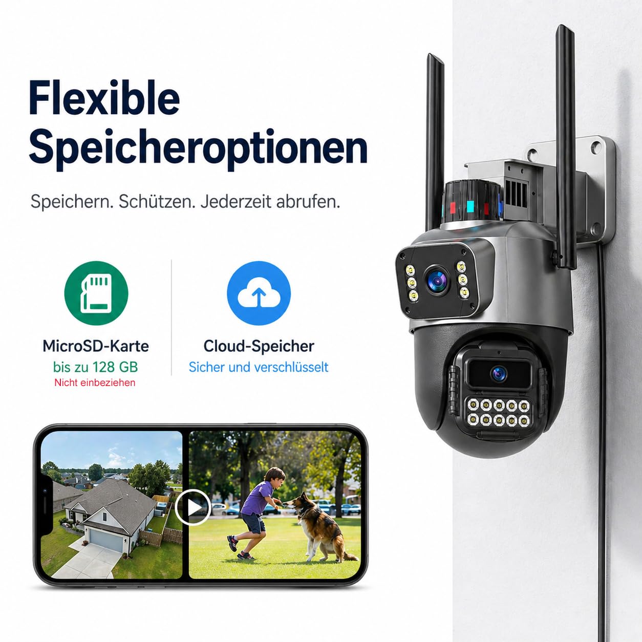 Überwachungskamera Aussen, 6MP Dual-Objektiv Kamera Überwachung Aussen, 360° PTZ, 6X Zoom, 5GHz/2.4GHz, Farb-Nachtsicht, Bewegungserkennung, Zwei-Wege-Audio, IP66, Netzbetrieb