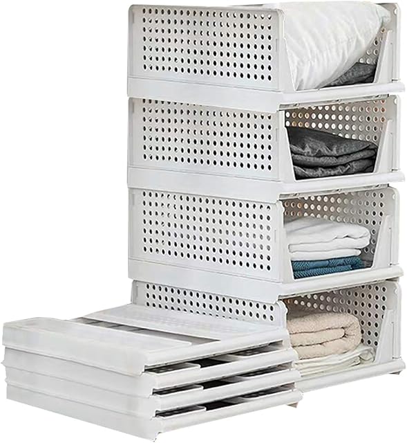 Folding Wardrobe Storage Box 4-Pack Plastic Drawer Organizer Stackable Shelf Baskets Cloth Closet Containers Bin Cubes ,Home Office Bedroom Laundry Fold Pull Out Drawer Dividers for Clothes,Toys