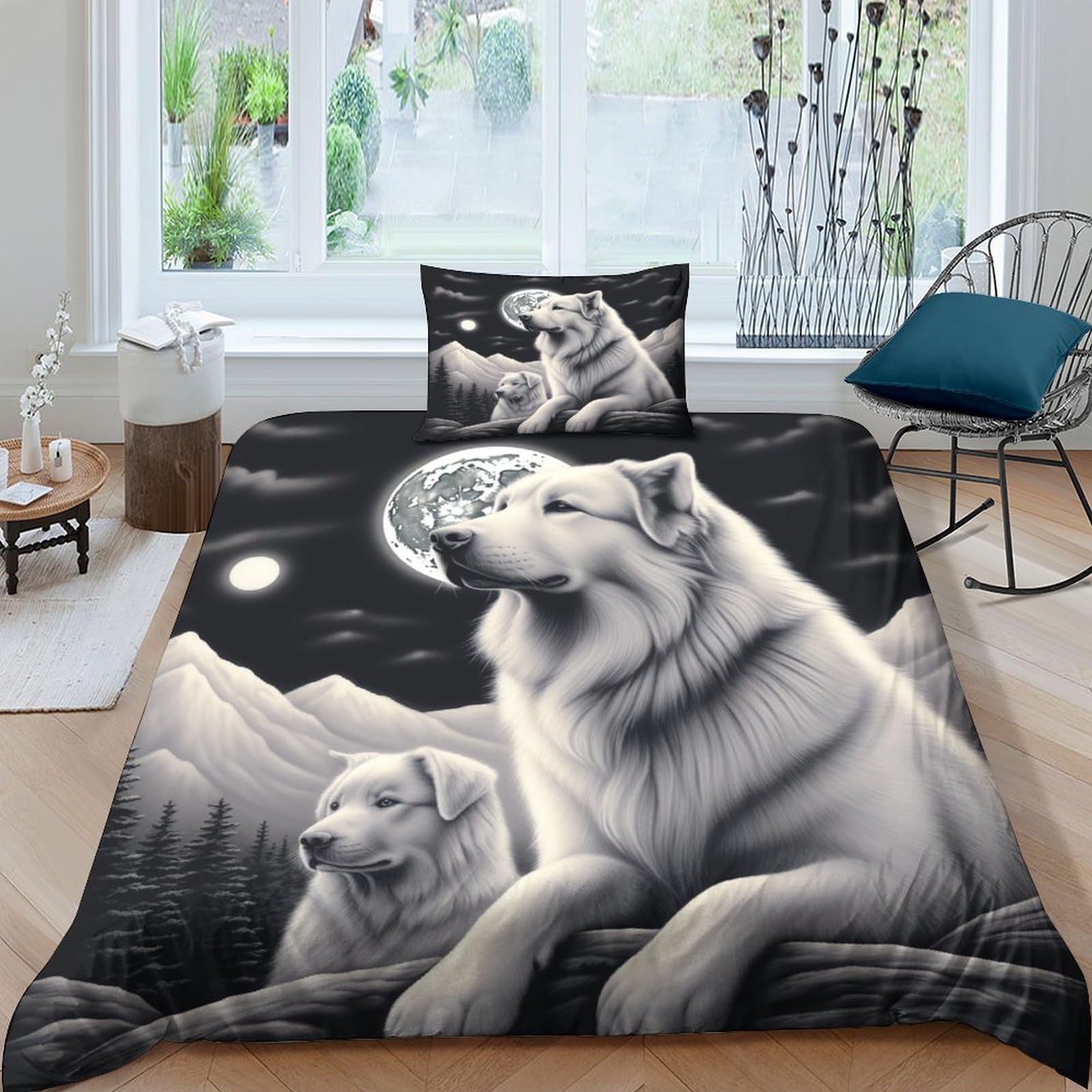 Housse de couette loup 135x200 parure lit simple gris pour décoration de chambre d'adolescent