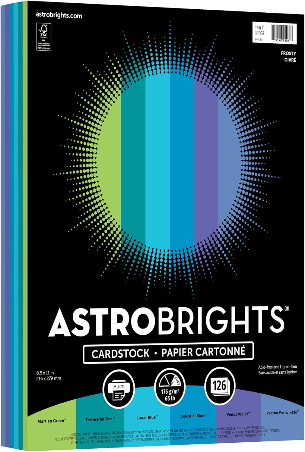 Astrobrights Colored Cardstock, Frosty Assortment, 6-Colors, 65 lb./176 gsm, 8.5” x 11”, 126 Sheets, Acid‑Free, Lignin‑Free, Perfect for School, Office & DIY (92067)