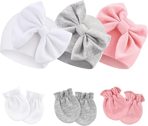 BQUBO Newborn Baby Girls Hats Mittens Set Hospital Hat Beanie Infant Bow Hats Baby Cotton No Scratch Gloves