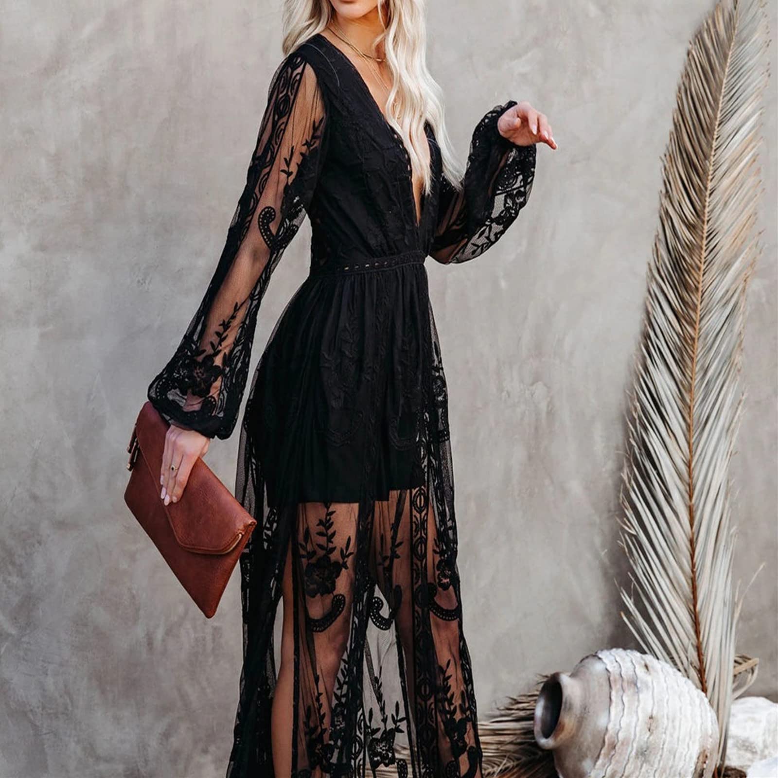 amropi Vestito di Pizzo Lungo Donna Cerimonia Scollo a V Manica Corta Maxi Abito da Cerimonia