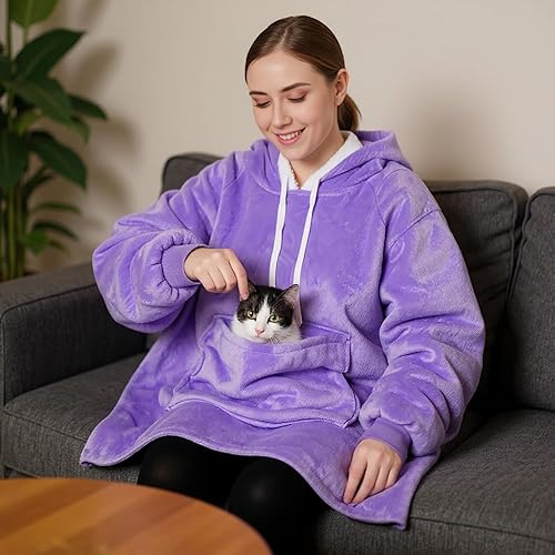 Miniatura 5 de Qeils Manta con capucha de gran tamaño, cómoda sudadera de sherpa (bolsillo grande, violeta, adulto)