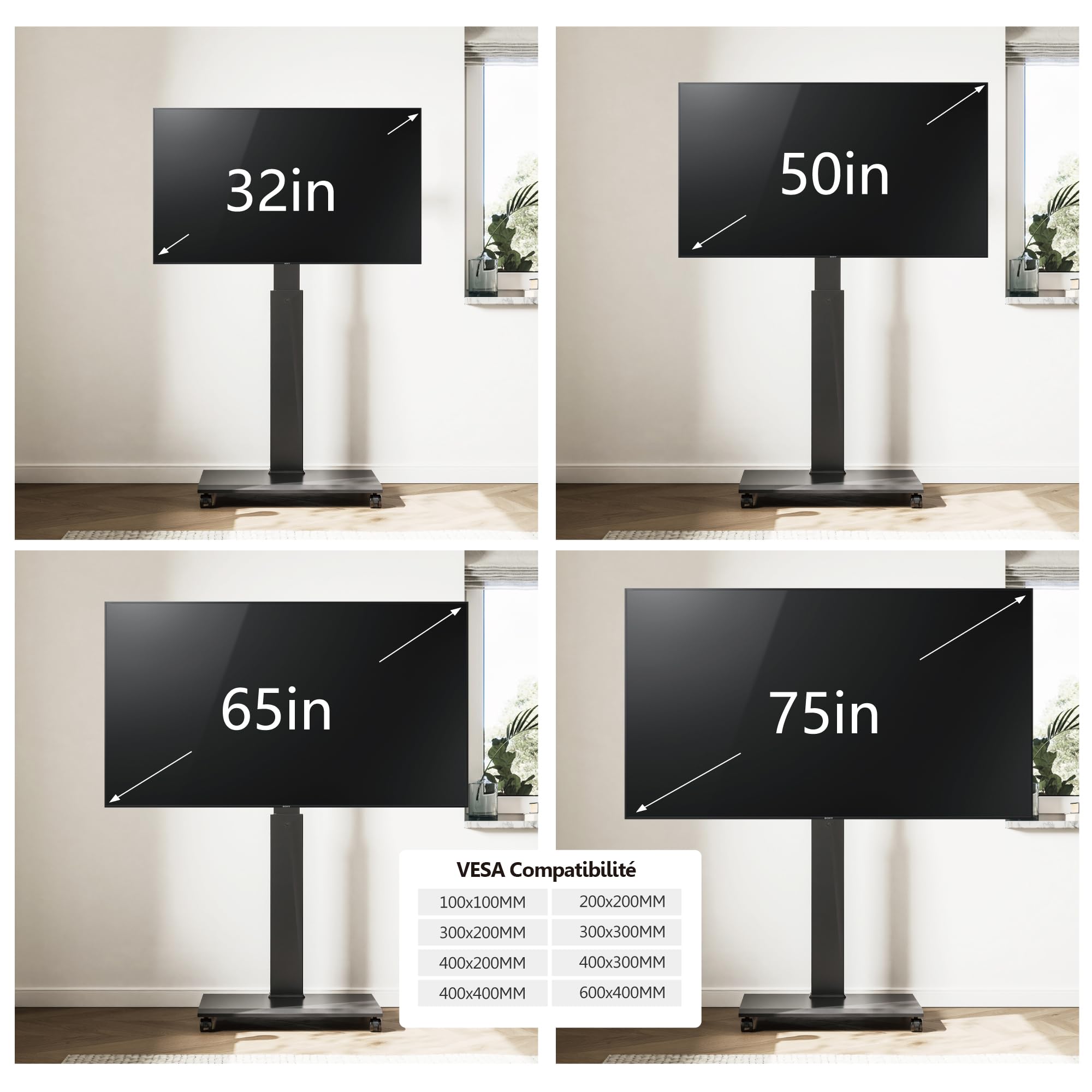 FITUEYES Support TV roulettes en Fer 32-75 Pouces Rotation 90°-Support TV Pied Pivotant 40° et 7 Réglages en Hauteur jusqu'à 40 kg-Max VESA 600x400 mm