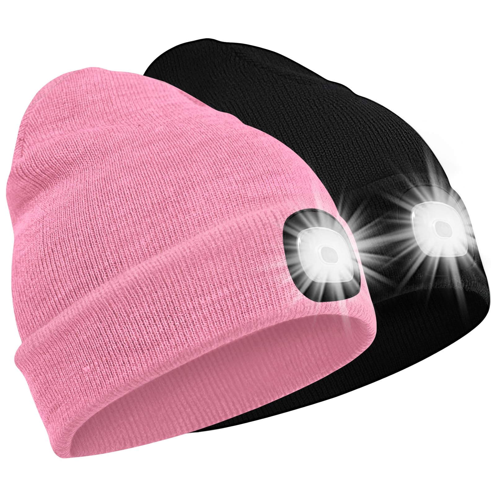 SPGOOD LED Beanie Beleuchtete Mütze mit Licht,Geschenke für Männer Winter Warm LED Mütze, Lampe Laufmütze für Angeln,Jogger,Camping,Laufen(Schwarz&Rosa)