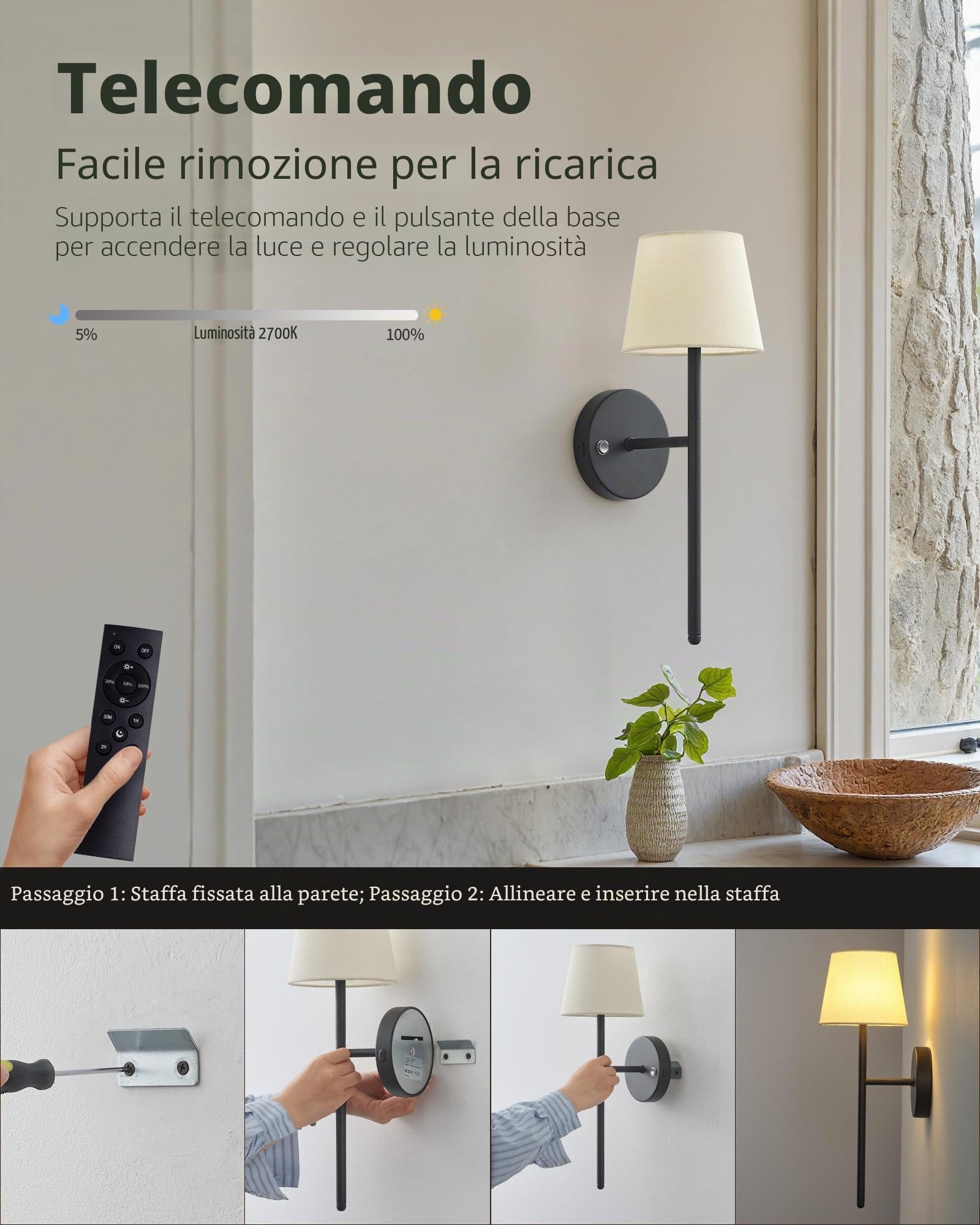 Set di 2 lampade da parete ricaricabili senza fili, alimentate a batteria, 5200 mAh, dimmerabili, lampade da parete senza fili con telecomando, applique con paralume in tessuto, illuminazione