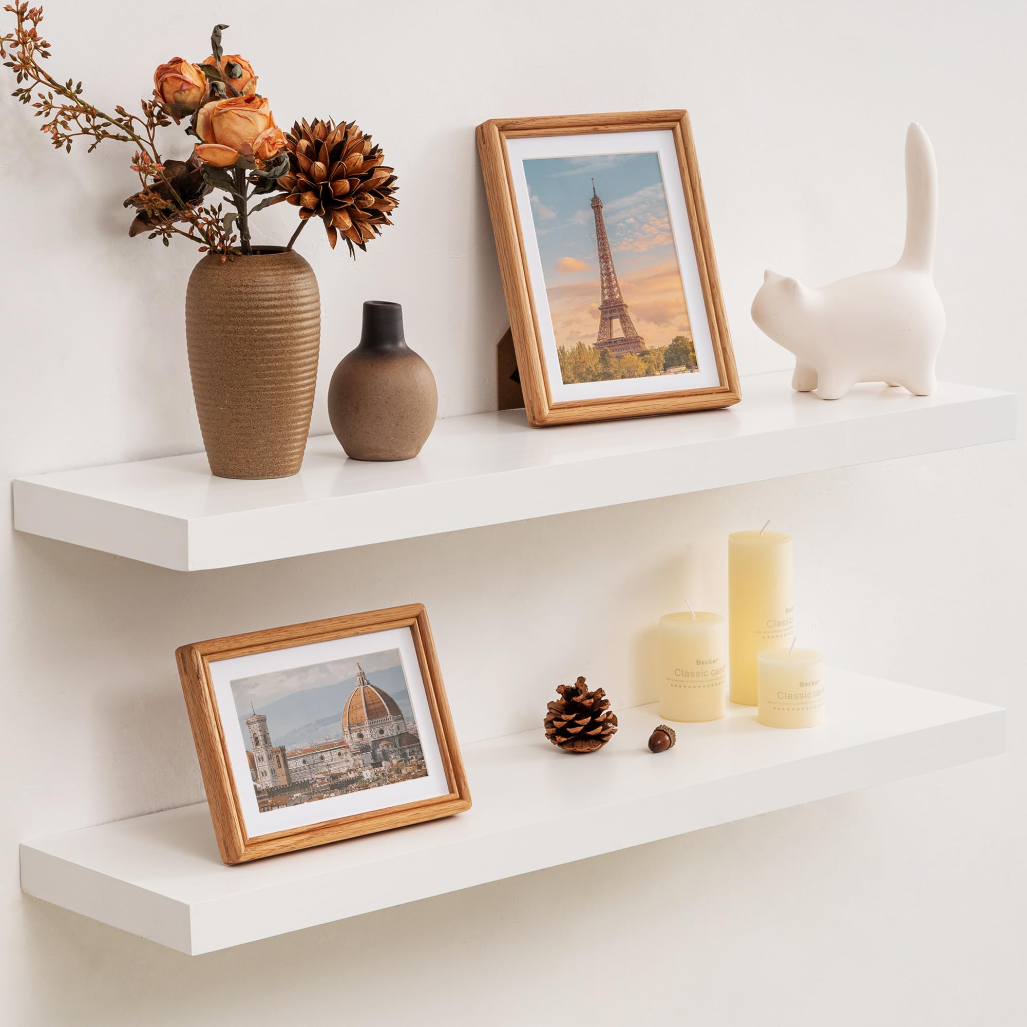 Fun Memories Farmhouse Floating Shelves - 8 Inch Deep Rustic Wood Wall Shelf - Premium Solid Pine Wood Storage Shelf for Kitchen Living Room Bedroom -