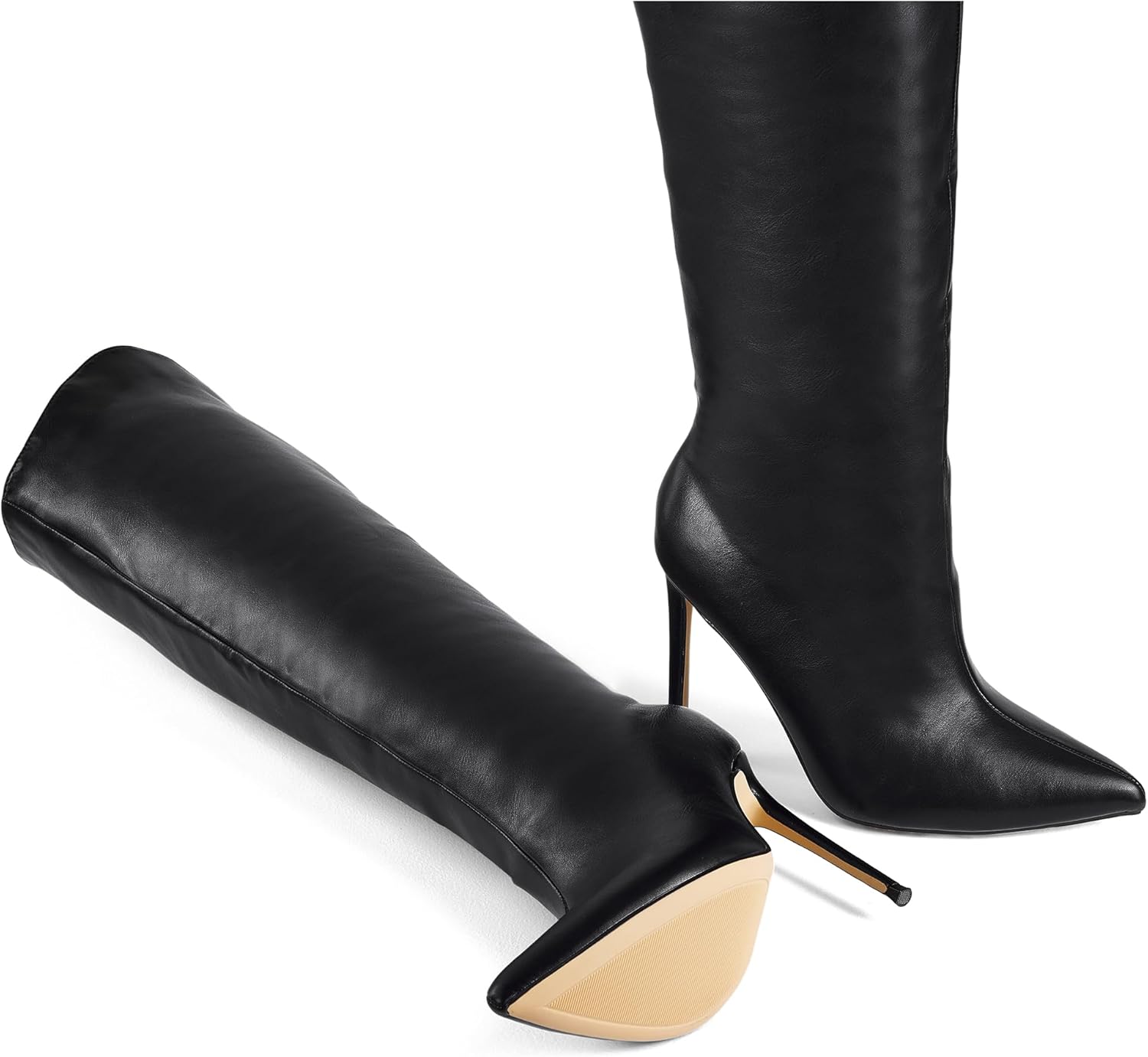 Elisabet Tang Women's Knee High Boots Pointed Toe Tall Boots 4 In Stiletto Heel Stylish Wide Calf Slip on High Heel Booties for Women Winter Long Boot Shoes