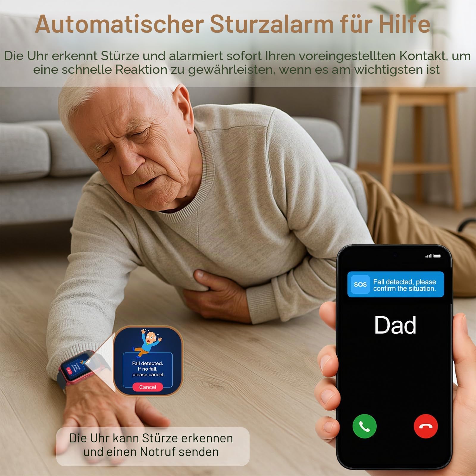 4G Senioren Smartwatch mit SOS-Knopf, Sturzerkennung, GPS-Ortung, 2-Wege-Anruf, IP67 Wasserdicht, 1,83 Zoll Großes Display, Nano-SIM,Rot