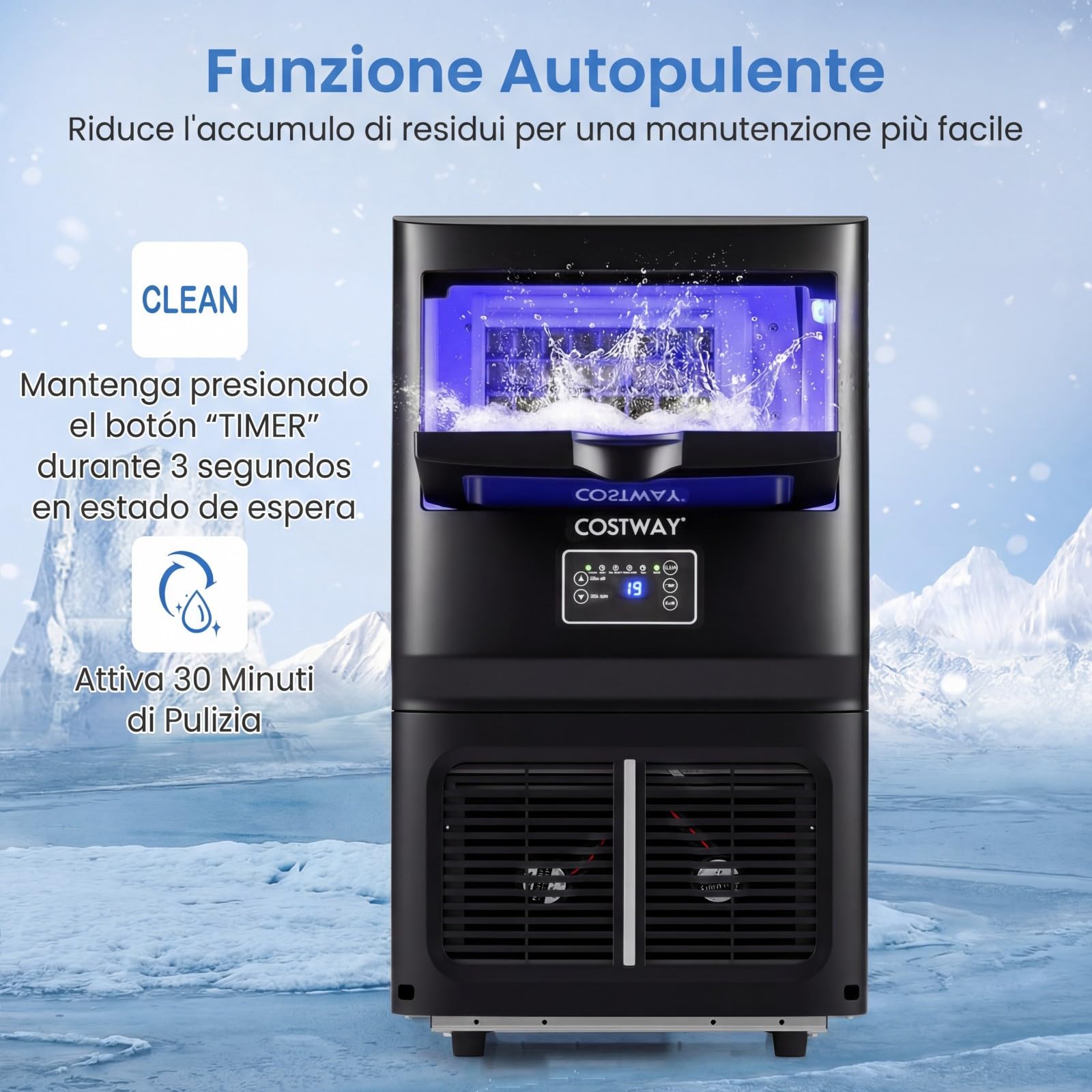 COSTWAY Macchina per Ghiaccio Commerciale, 25-30 kg/24H, Produttore di Ghiaccio in Acciaio Inox con Autopulizia, Filtro dell’Acqua, per Bar Ristorante e Caffetteria