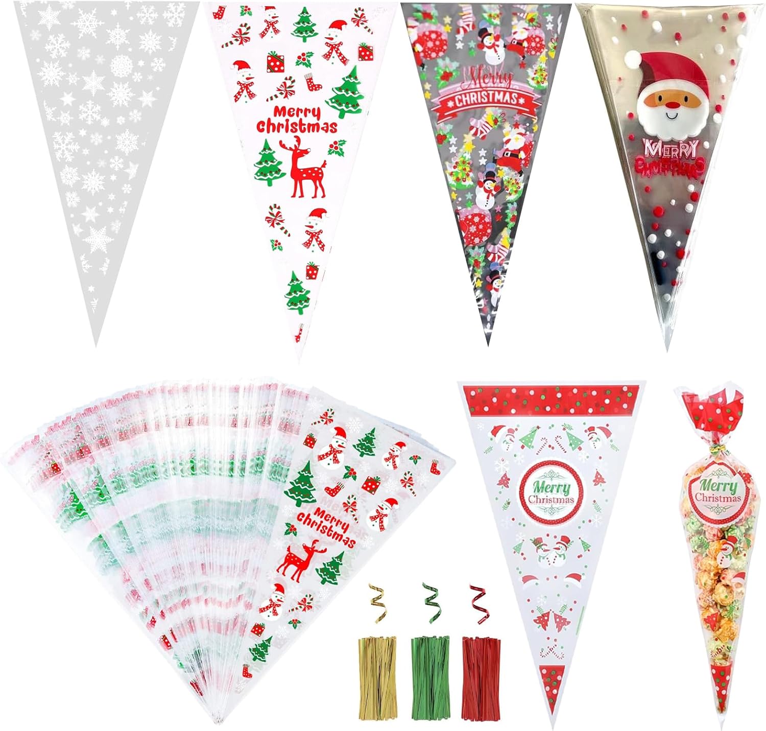 200 Pcs Christmas Sweet Cone Bags with Twist Ties, 5 Styles Triangle