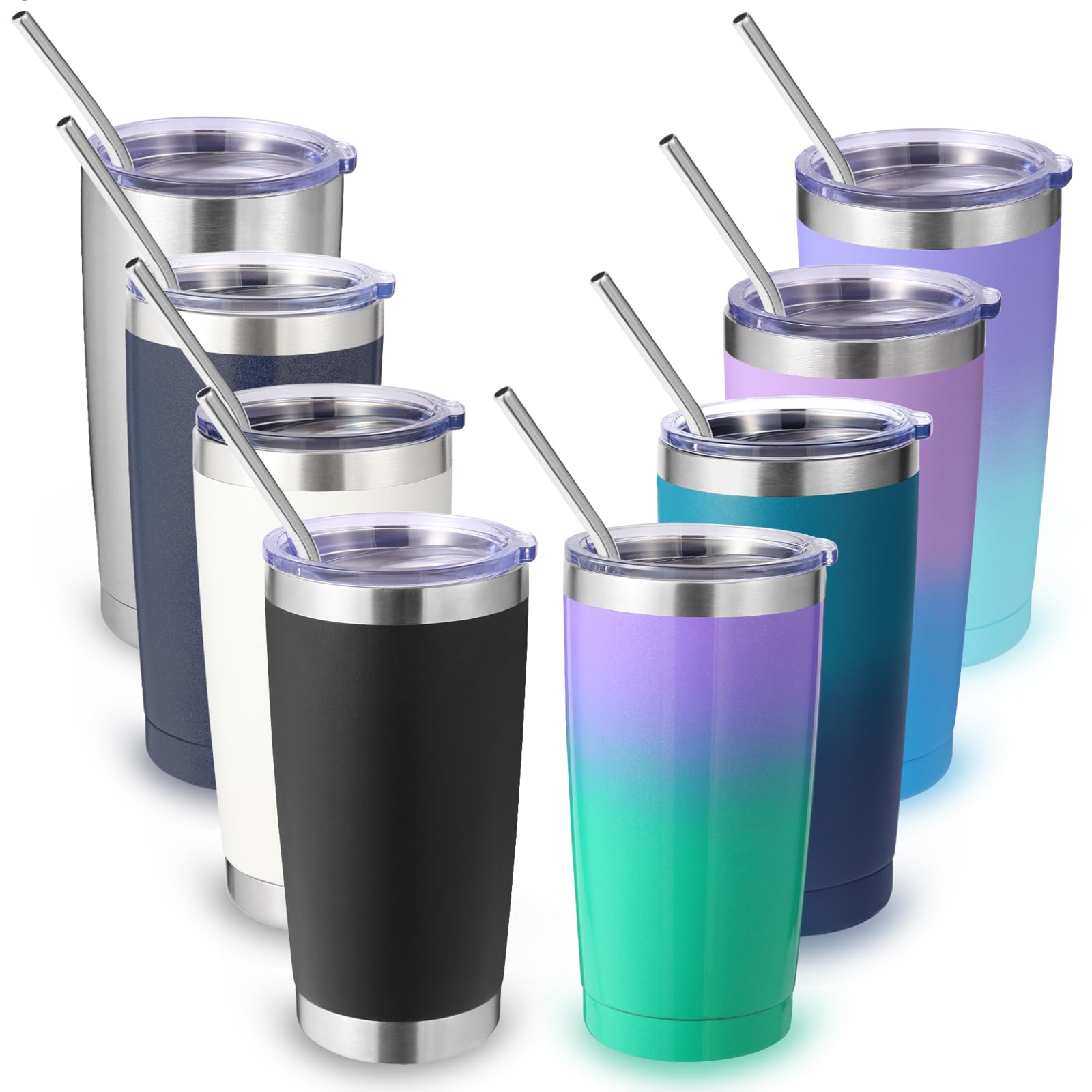 Volhoply 20oz 550ml Travel Insulated Tumbler with Lid and Straw Bulk 8 Pack, Double Wall Stainless Steel Coffee Mug Fits Cup Holder,Powder Coated Cup for Hot & Cold Drinks, BPA Free（Assorted,8 Set）