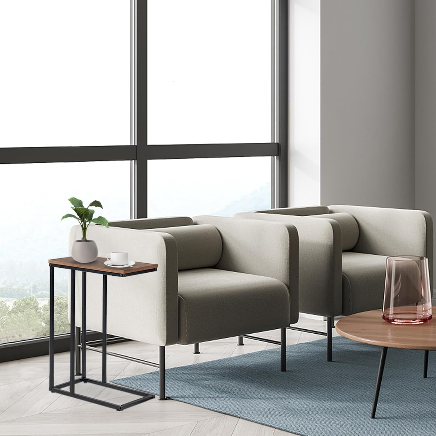 C-Shaped End Table, for Living Room, Bedroom, Small Spaces, TV Tray Couch Side Tables Laptop Table, Rustic Brown and Black