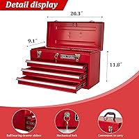 Vista 3 de 20.3“ Metal Tool Box with Drawer Portable Steel Tool Box with Protective Liner and Latch Closure and Lock for Garage, Home and Warehouse