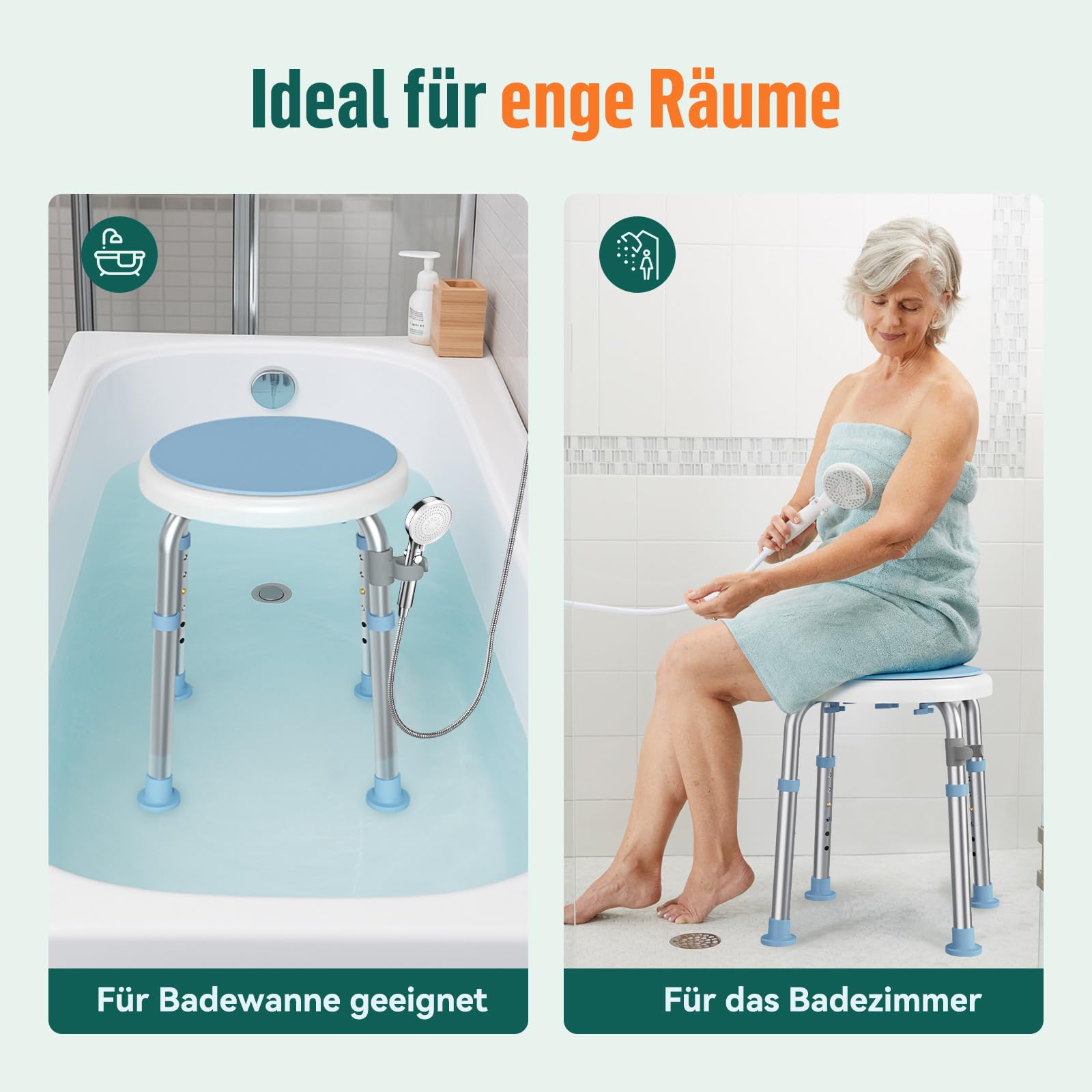 LC01 360°drehbarer Duschstuhl höhenverstellbar – Rutschfester Duschhocker aus Aluminium, Leichter Duschsitz für Senioren, Schwangere & Menschen mit eingeschränkter Mobilität