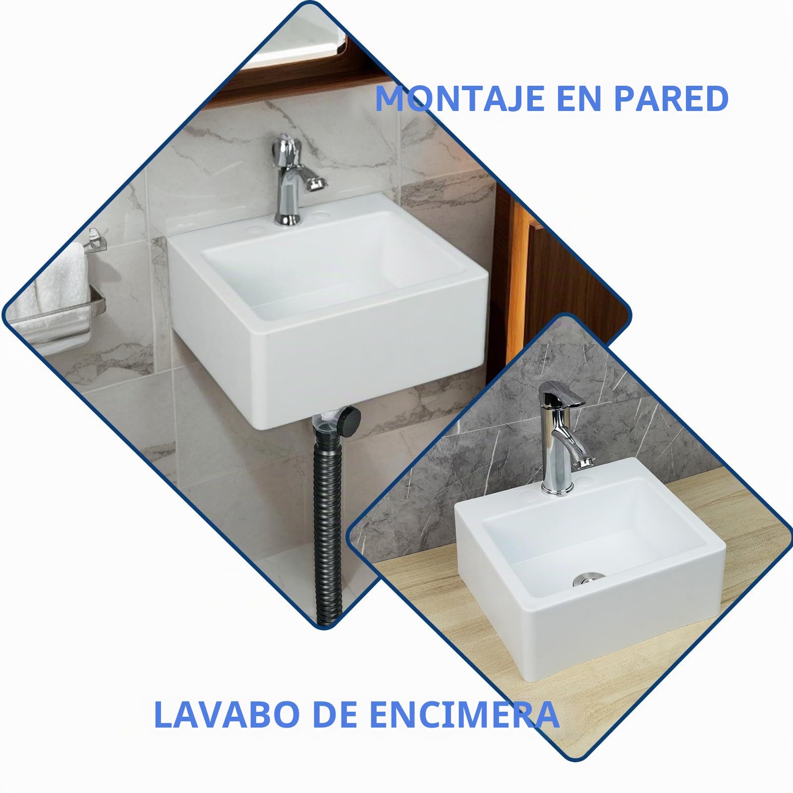 Fregadero de baño pequeño para montaje en pared, instalación sin taladro, fregadero autoadhesivo de 15.74 x 7.87 pulgadas con agujero de grifo de 1.26 pulgadas, mini fregadero de plástico para el