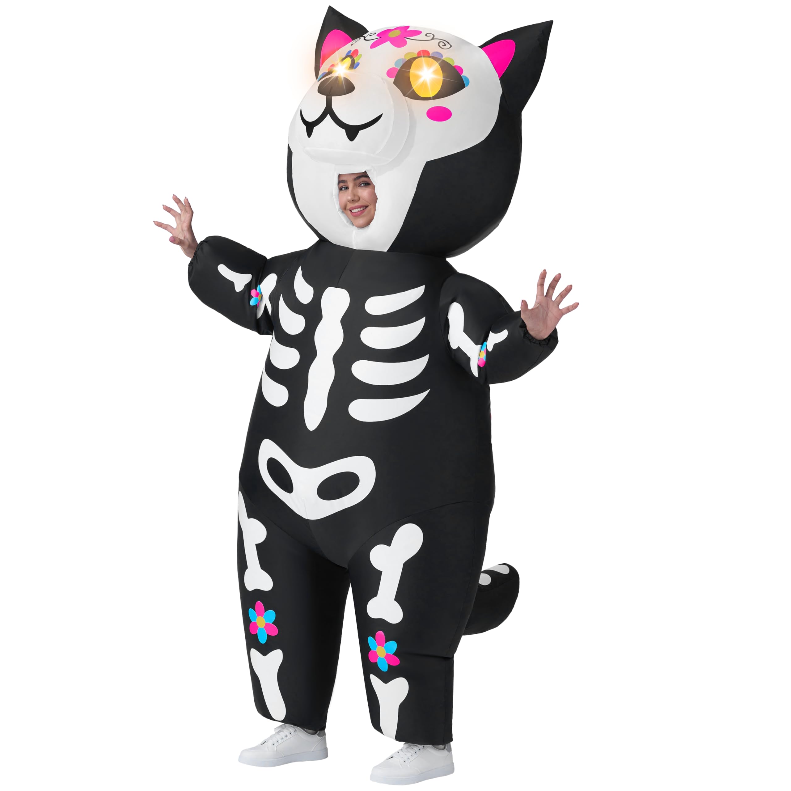 Spooktacular Creations Nadmuchiwane kostiumy na Halloween dla dorosłych, z oczami LED, szkielet, kot, dmuchany kostium dla kobiet, na całe ciało, nadmuchiwany kostium na Halloween, imprezy cosplay
