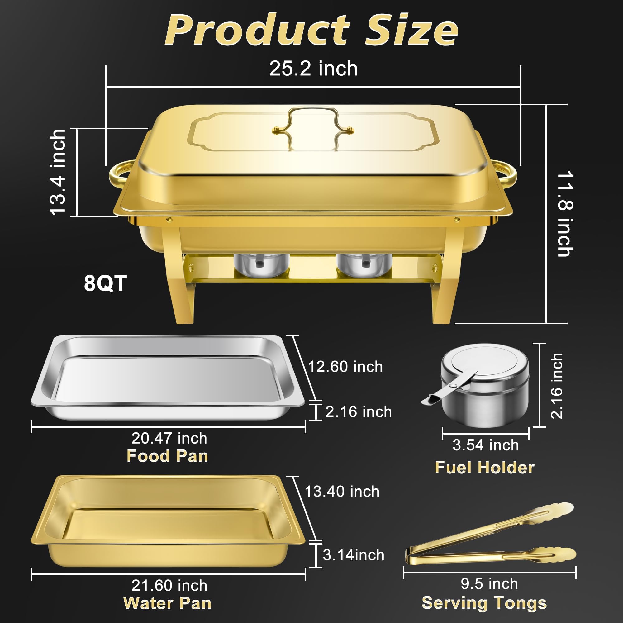 NKTOLEE Platos para bufé, paquete de 4 platos dorados de 8 cuartos de galón, servidores y calentadores de buffet de alta calidad con pinzas doradas, calentadores de alimentos para fiestas, bufé