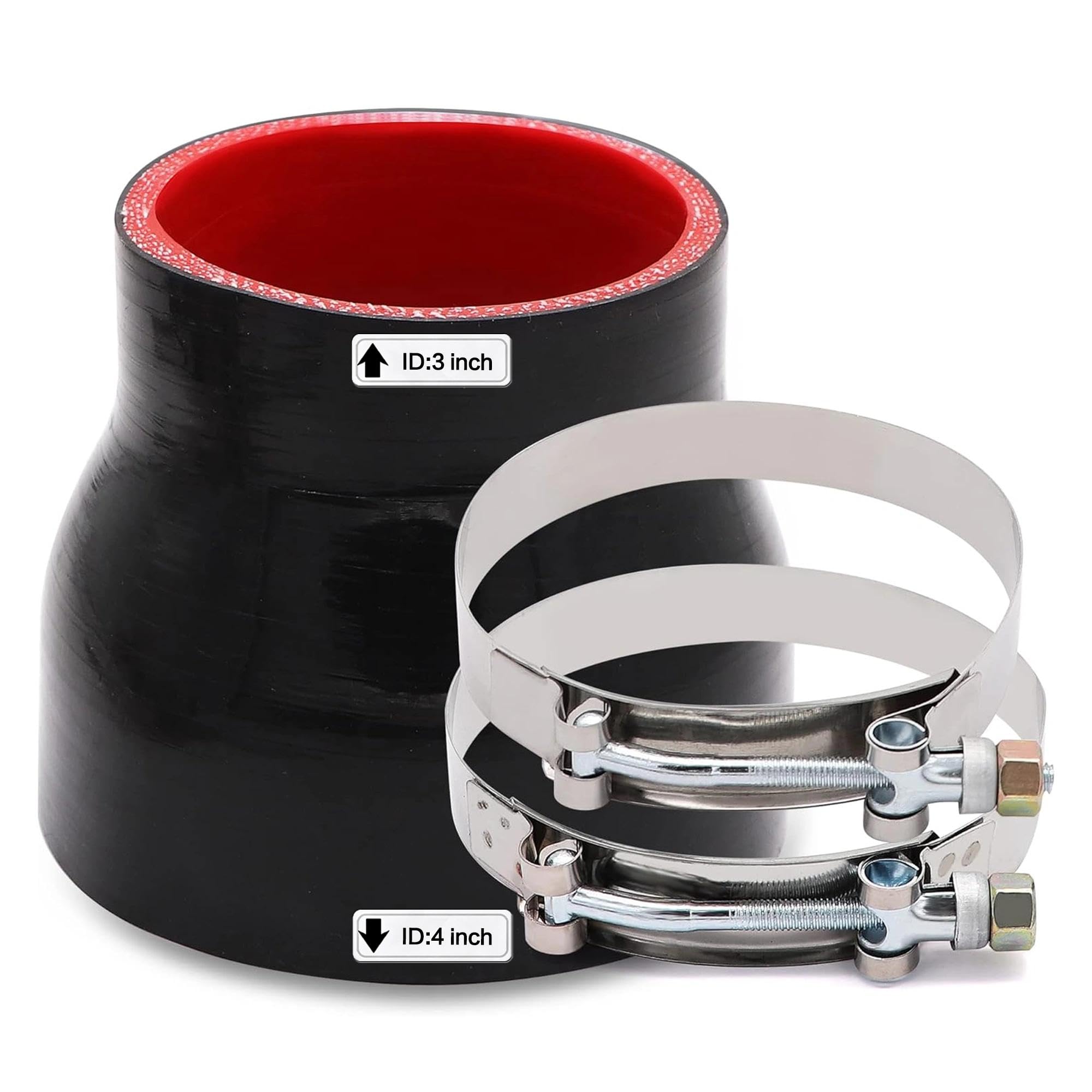 3 to 4 inches Straight Black Silicone Reducer Coupler with 2 T-Bolt Clamps 4 Layers of Polyester Reinforcement Suitable High Level Turbo Pipe