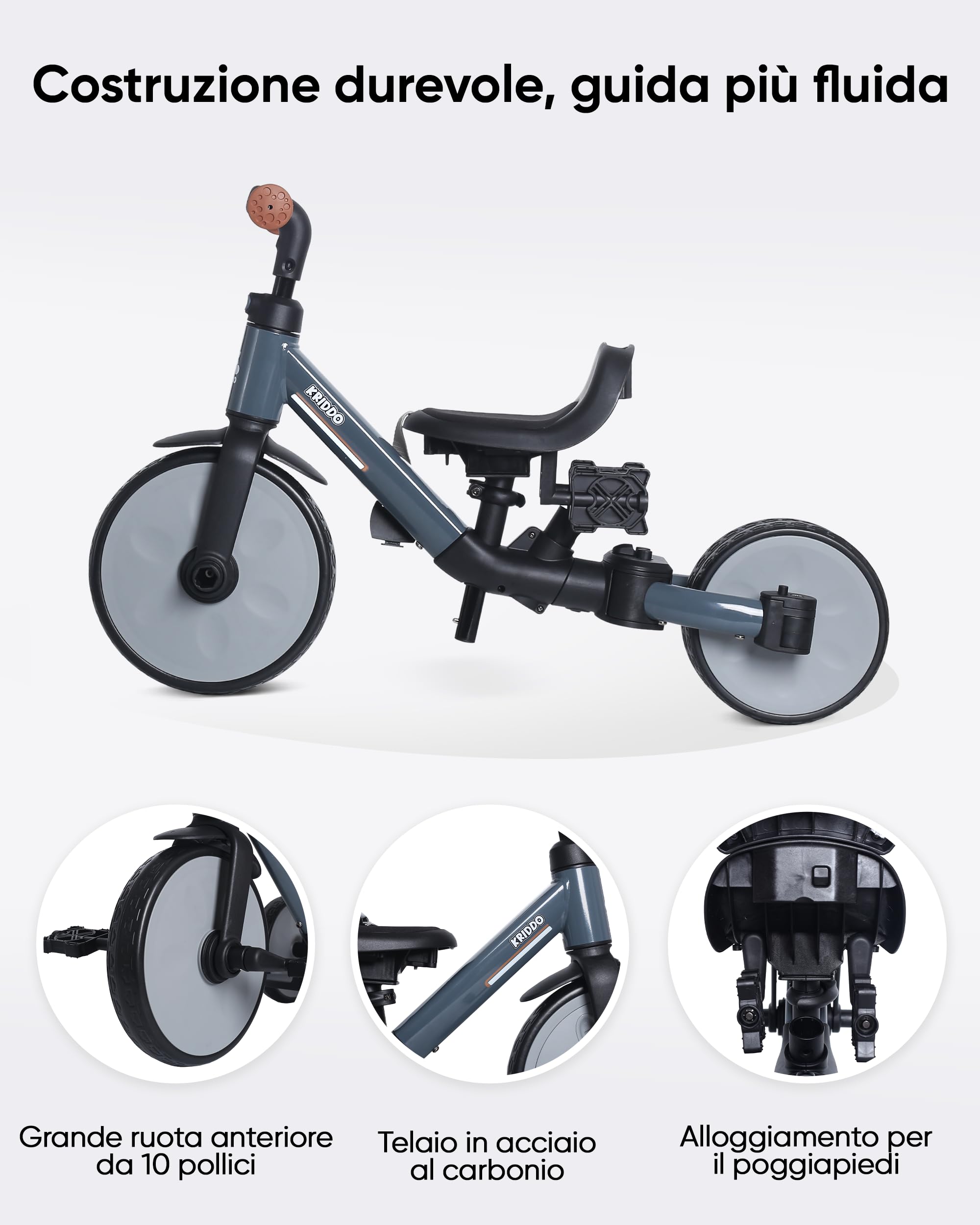 KRIDDO Triciclo evolutivo 8 in 1 per bambini 18 mesi-5 anni, Triciclo passeggino con maniglione, triciclo e bici senza pedali, cintura a 5 punti, cappottina pieghevole e borsa portaoggetti, Grigio