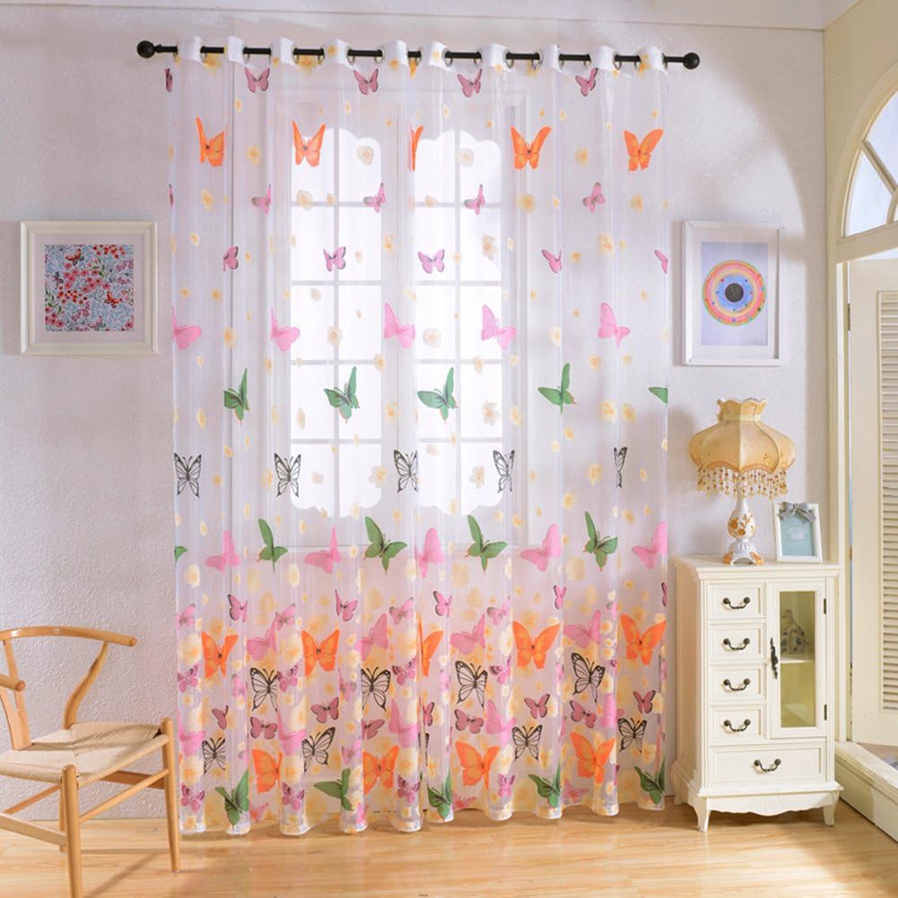 ELEOPTION Decorative Window Treatments Curtains Linen Look Transparent Curtain Voile Curtains for Bedroom, Living Room, Small Windows Curtain Set of 2 (52" W x 95" L Inch Per Panel, Butterfly-B)
