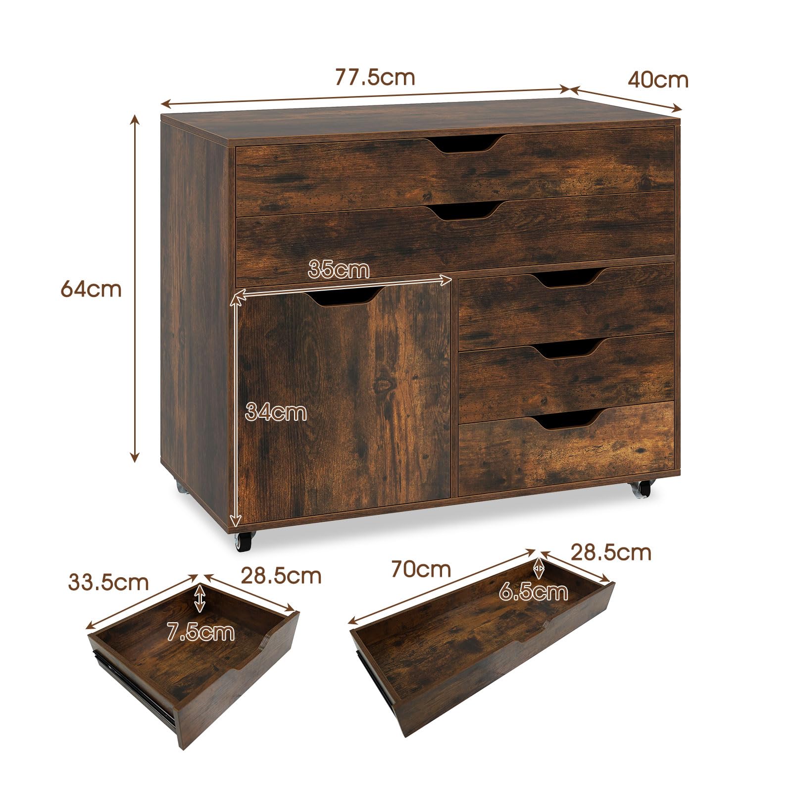KOMFOTTEU Armadietto portaoggetti, 5 cassetti in 2 dimensioni, scatola portaoggetti mobile con armadio ad ante, mobile da ufficio, 5 ruote universali, 77,5 x 40 x 64 cm (industriale)