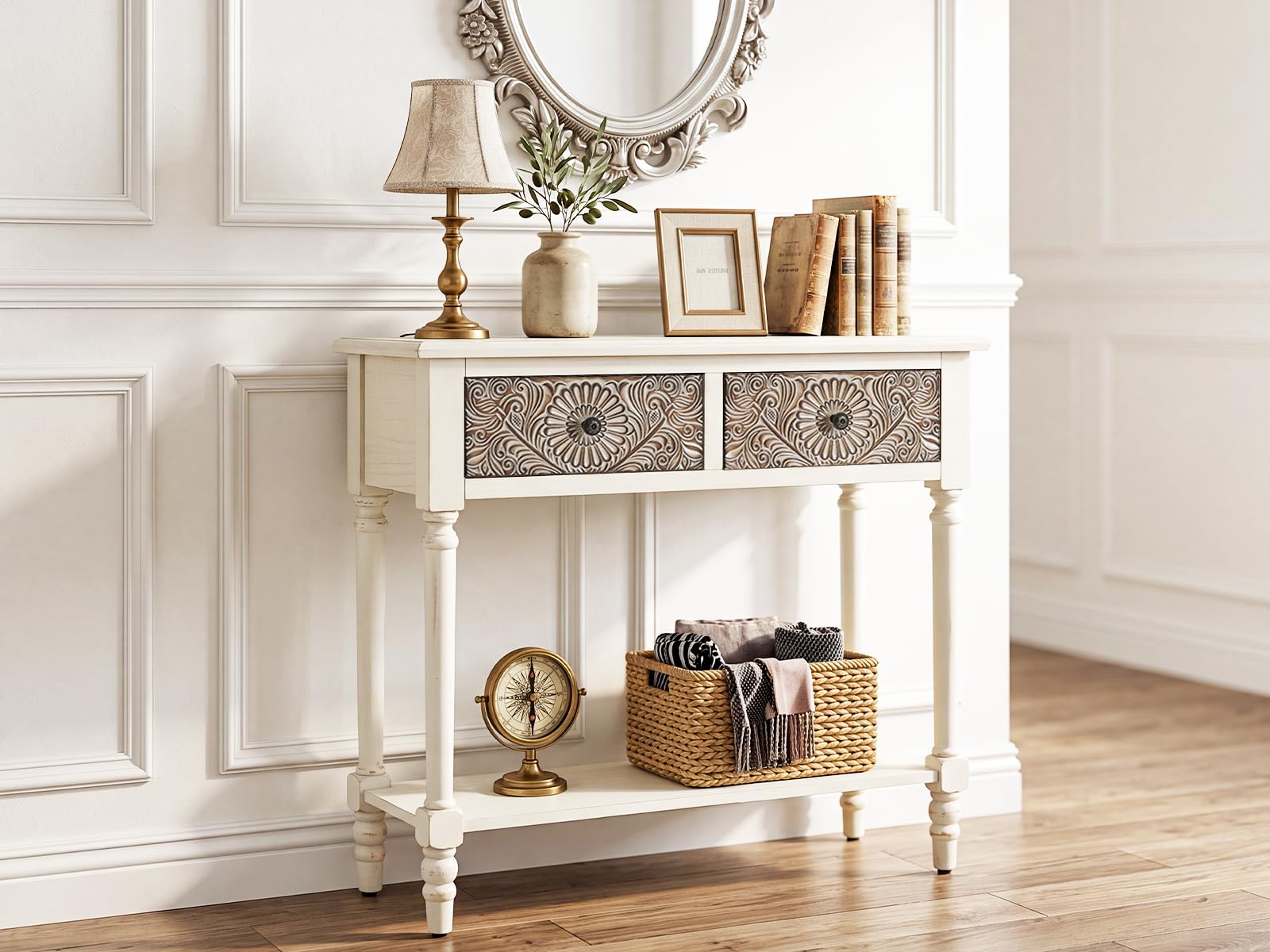 COSIEST Stolik konsolowy z 2 szufladami, wąski stół wejściowy z płyty MDF, z półką, do salonu, wejścia, korytarza, kanapy, jasnoszary